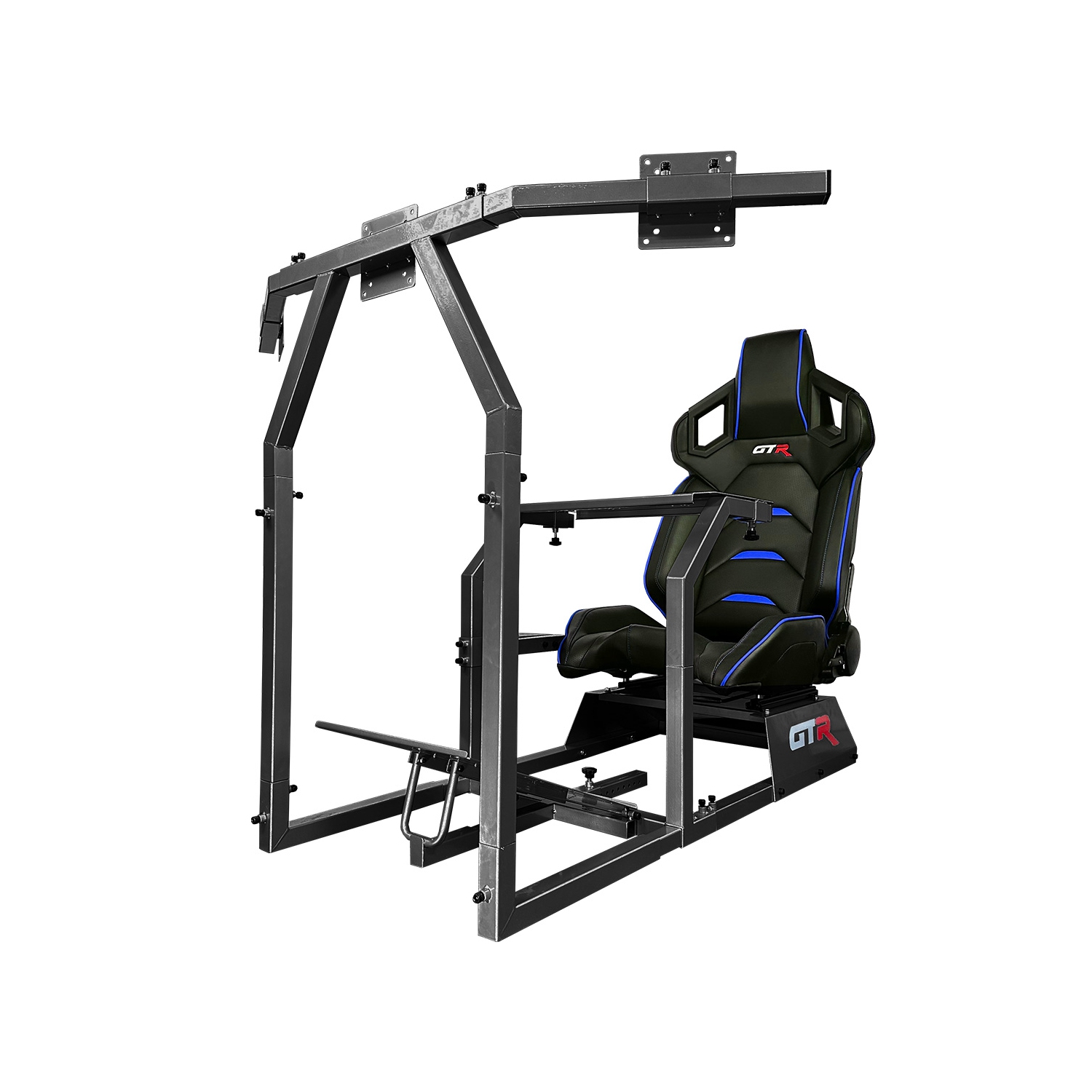 GTR Simulator GTA-F Model (Black) Triple or Single Monitor Stand with Black/Blue Adjustable Leatherette Pista Seat