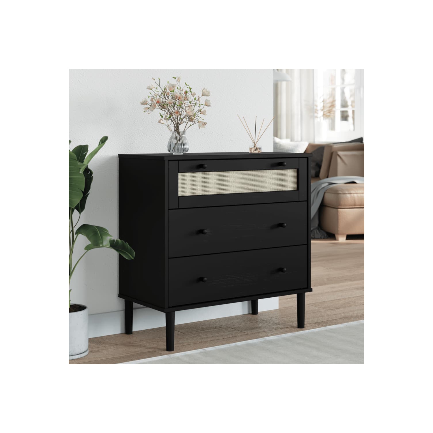 vidaXL Drawer Cabinet SENJA Rattan Look Black 80x40x80 cm Solid Wood Pine