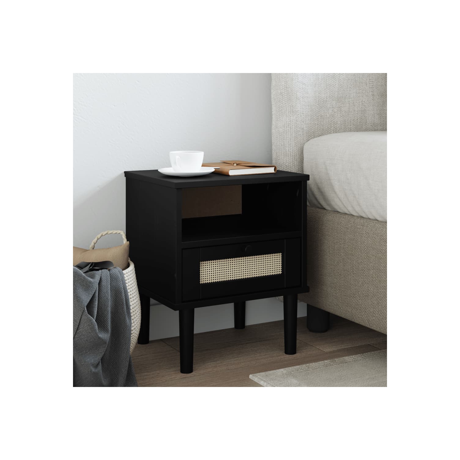 vidaXL Bedside Cabinet SENJA Rattan Look Black 40x35x48 cm Solid Wood Pine