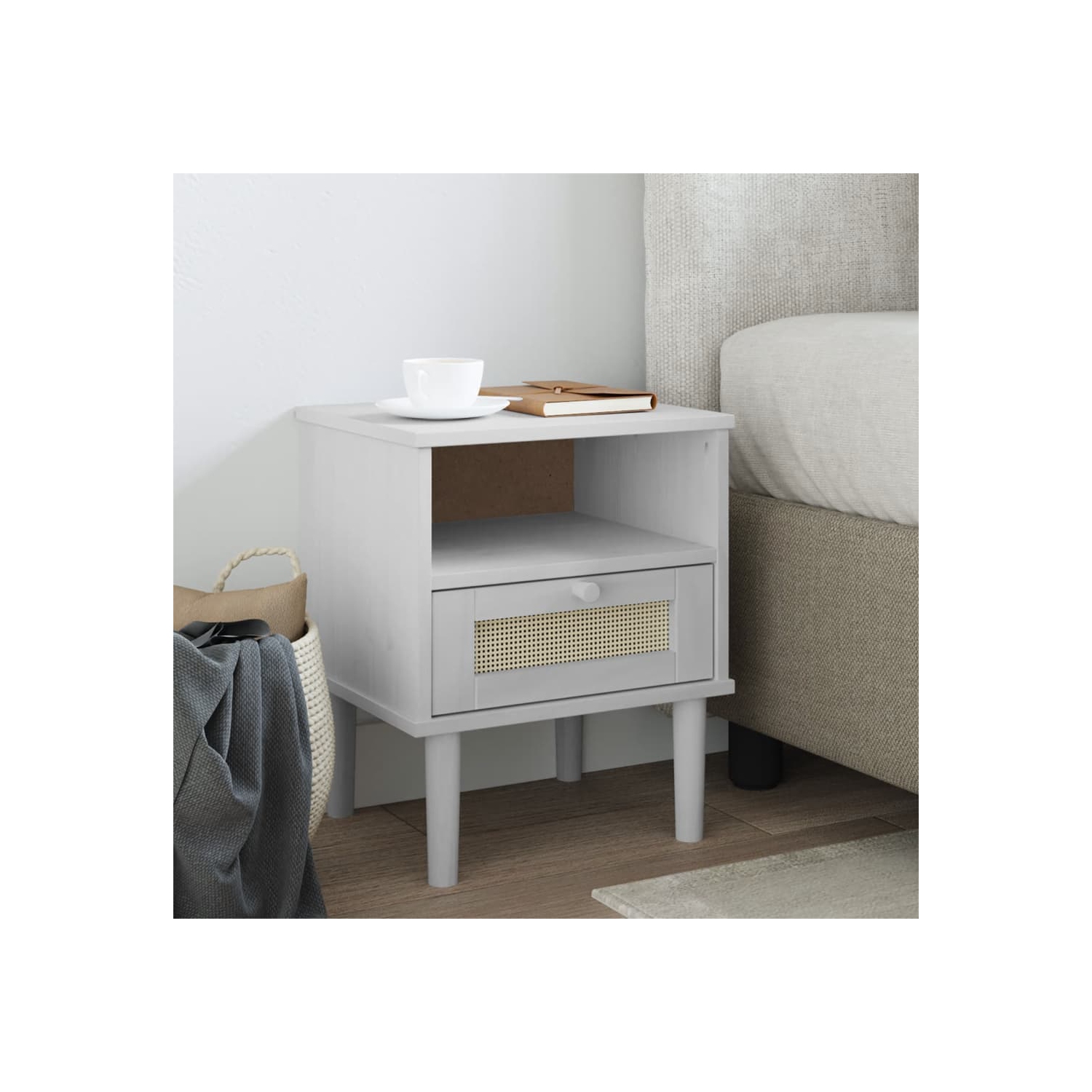 vidaXL Bedside Cabinet SENJA Rattan Look White 40x35x48 cm Solid Wood Pine