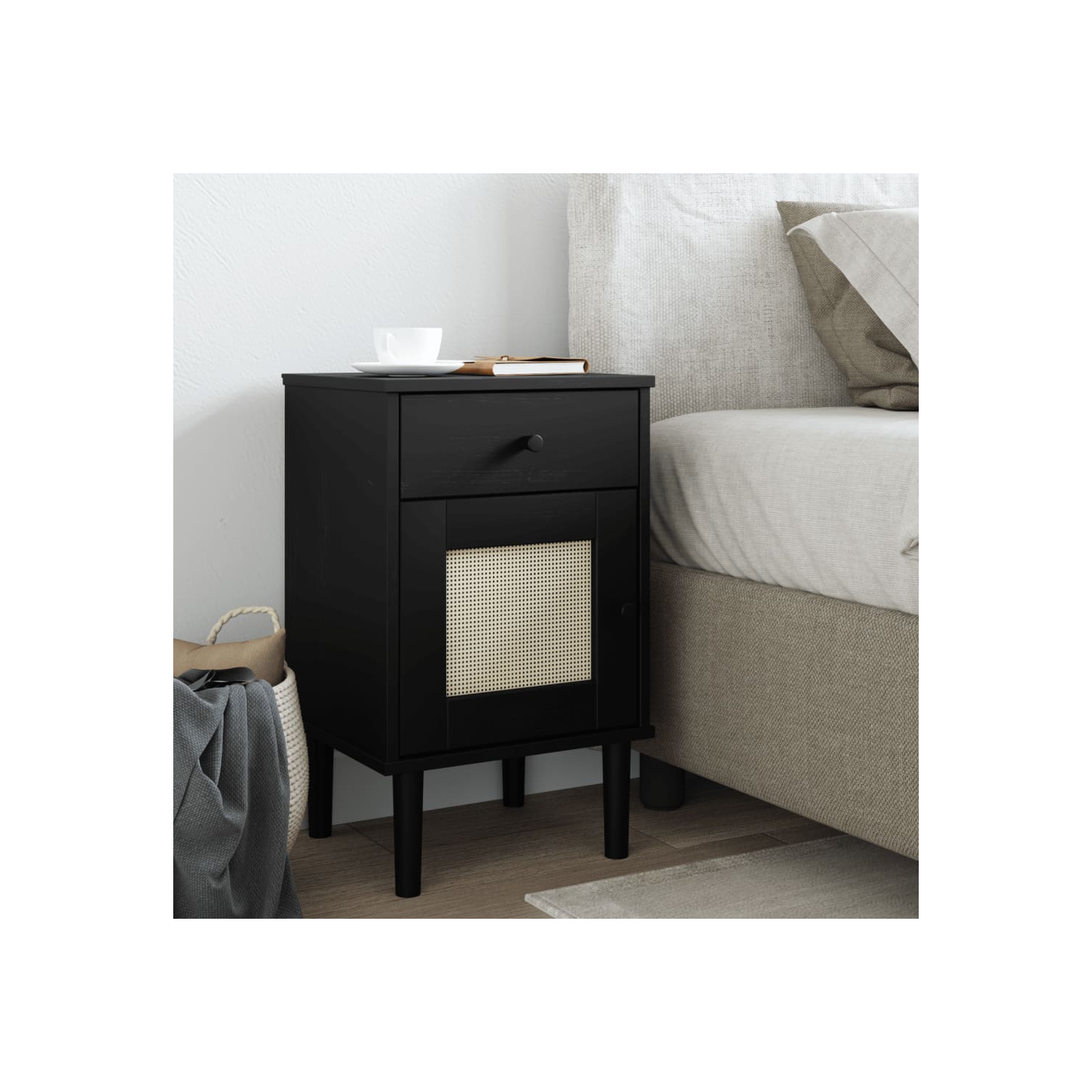 Armoire de chevet style rotin SENJA, noir, 40 x 35 x 35 po, pin massif 65&nbsp;cm