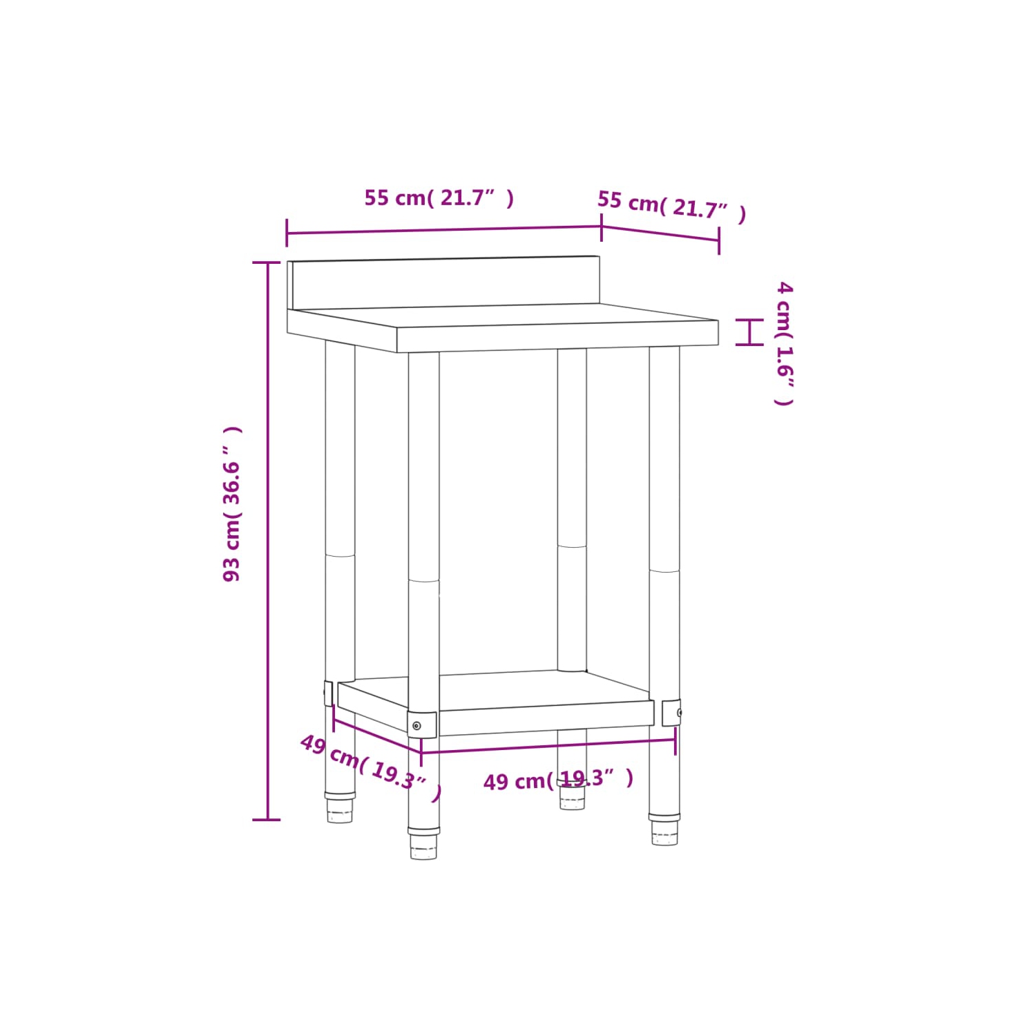 vidaXL Kitchen Work Table with Backsplash 55x55x93 cm Stainless Steel