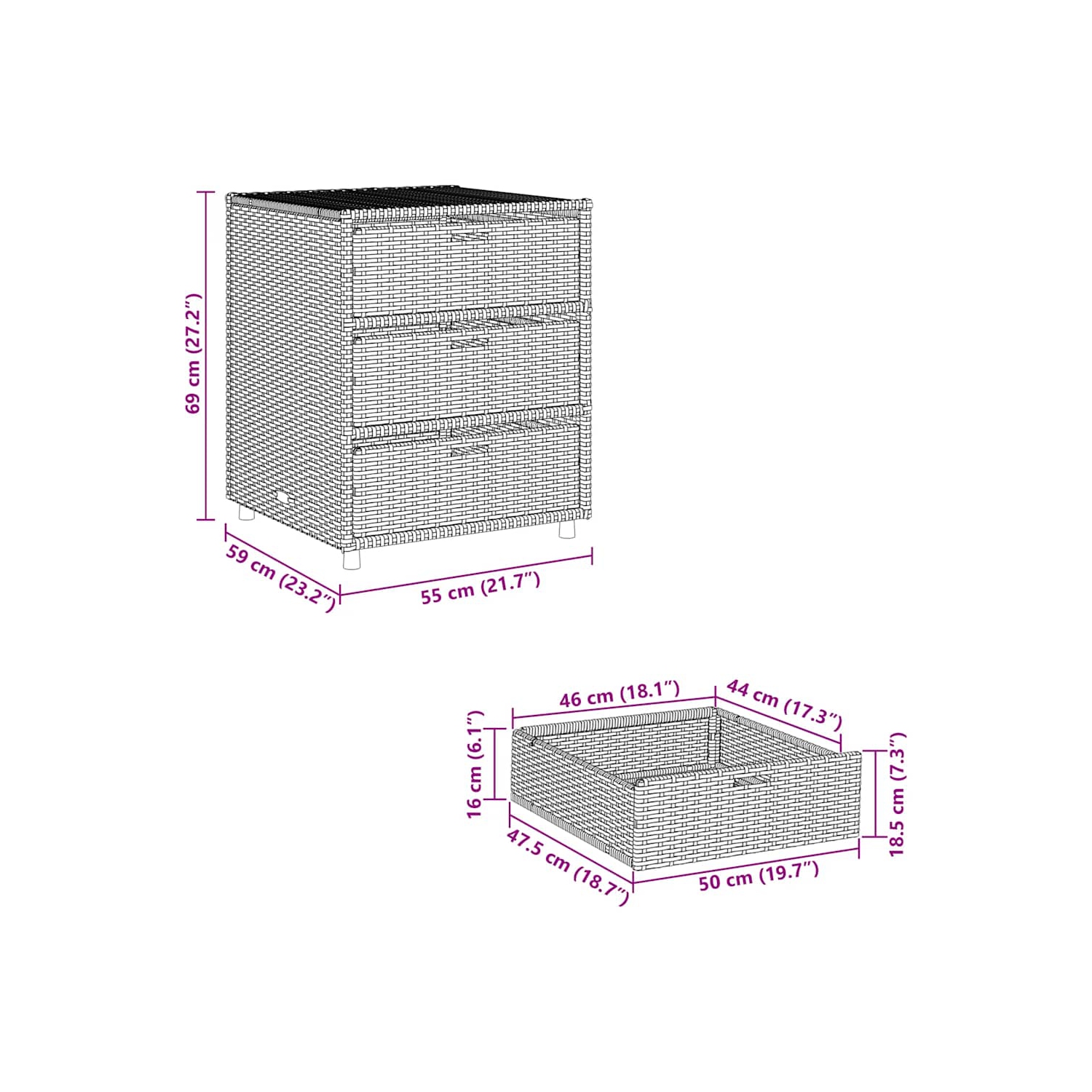 vidaXL Garden Storage Cabinet Grey 55x59x69 cm Poly Rattan