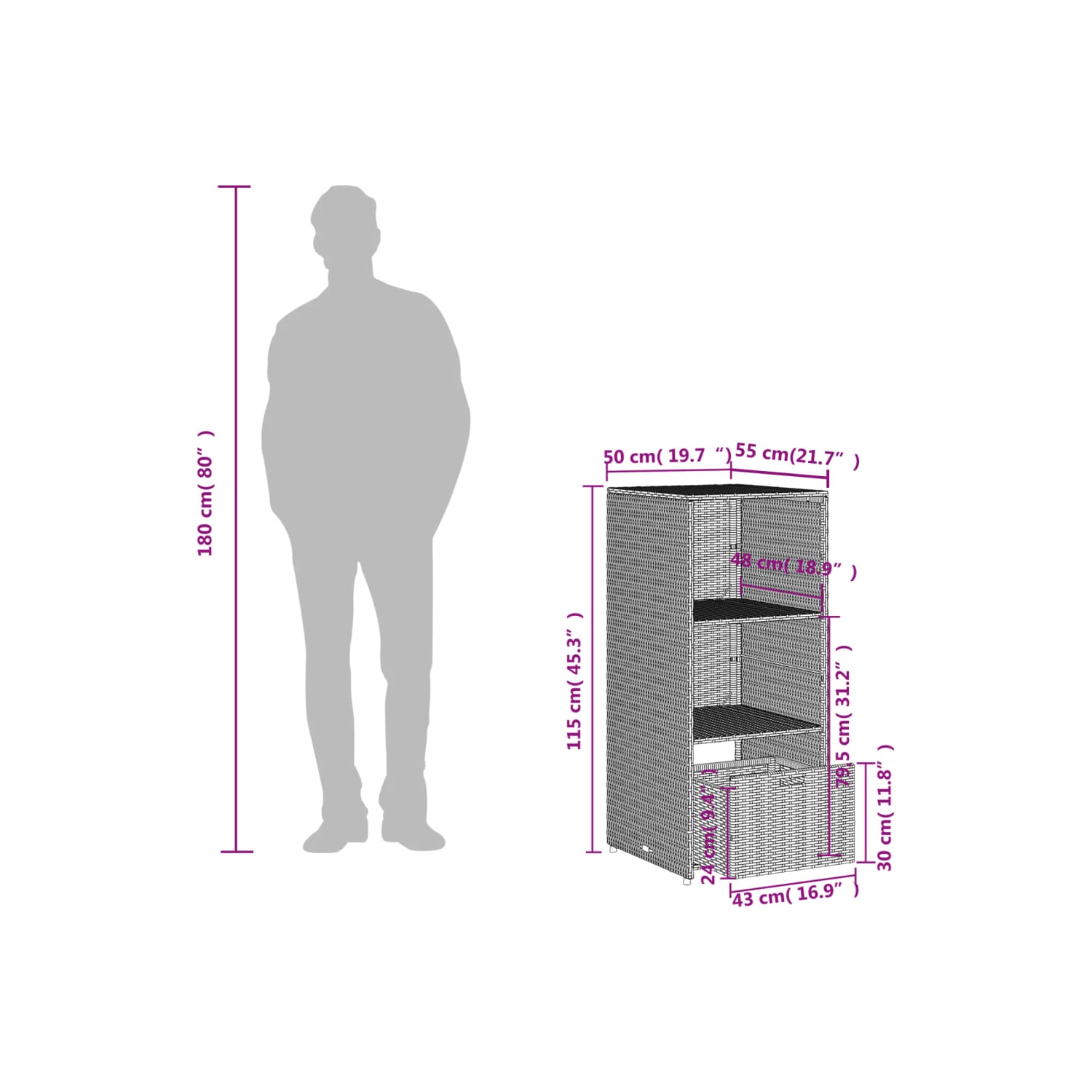 vidaXL Garden Storage Cabinet Black 50x55x115 cm Poly Rattan