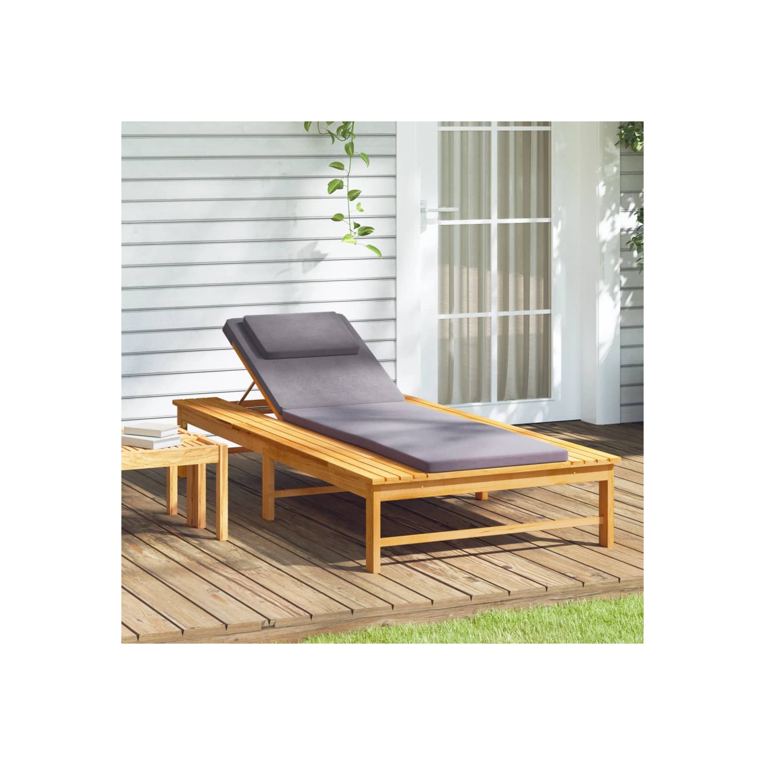 Chaise longue avec coussin gris foncé et coussin en bois d'acacia massif de vidaXL