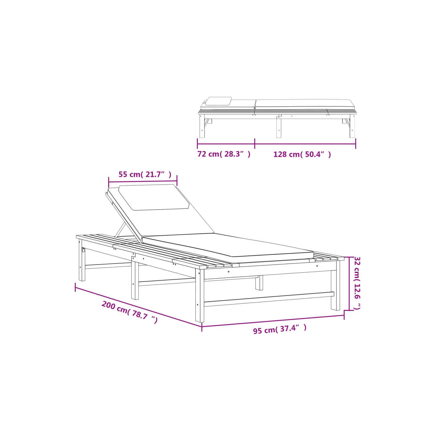 Chaise longue avec coussin gris foncé et coussin en bois d'acacia massif de vidaXL
