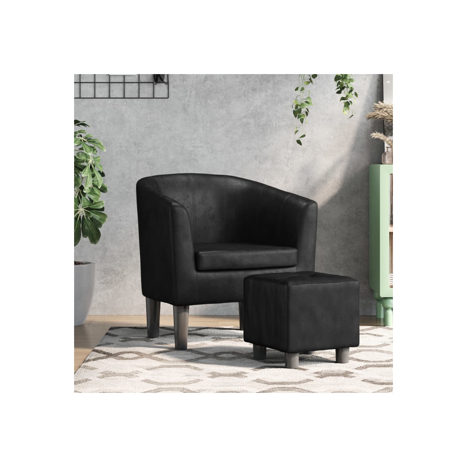 vidaXL Tub Chair with Footstool Black Faux Leather