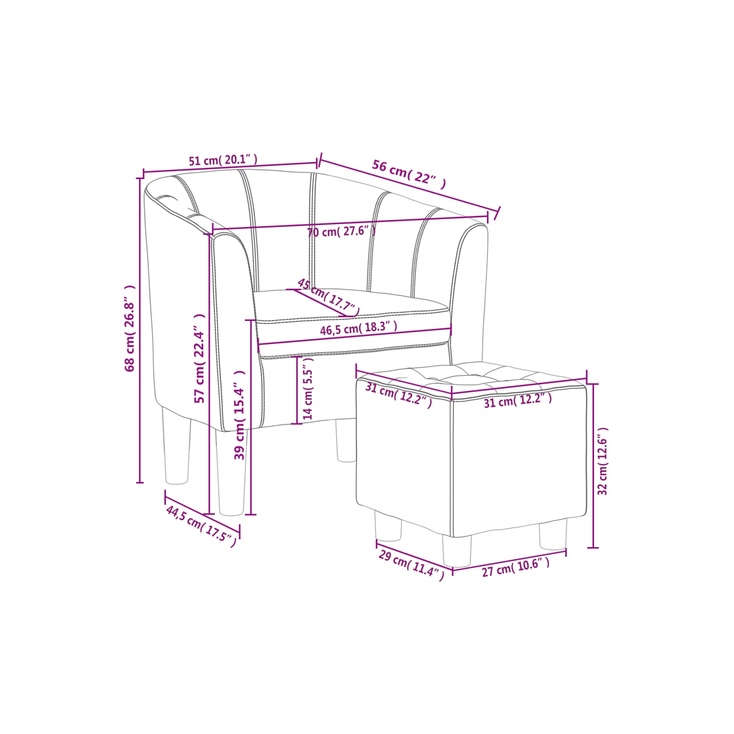 vidaXL Tub Chair with Footstool Black Faux Leather