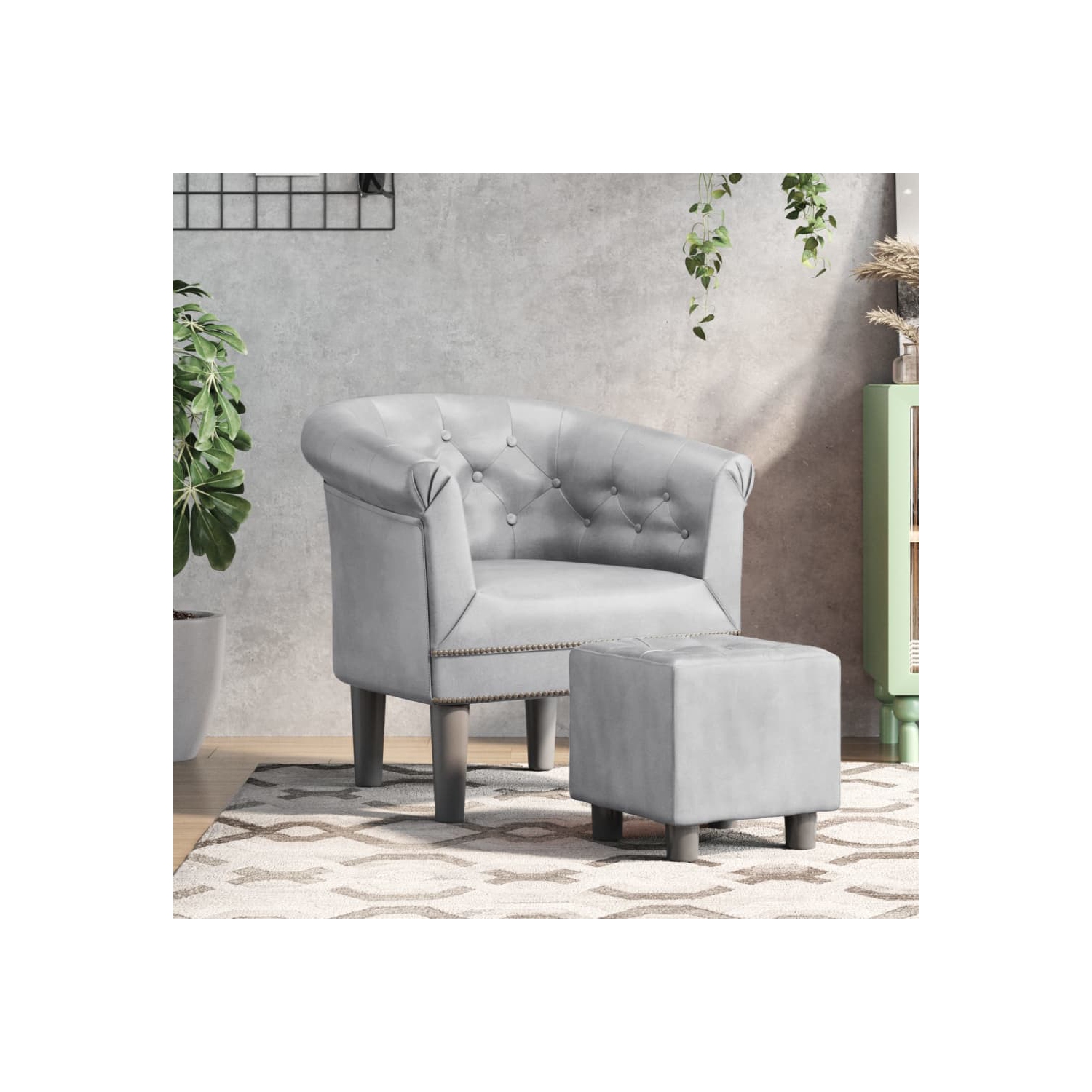 vidaXL Tub Chair with Footstool Silver Faux Leather