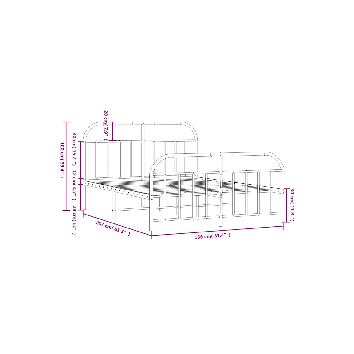 vidaXL 12" White Queen Metal Bed Frame with Headboard & Footboard No Mattress