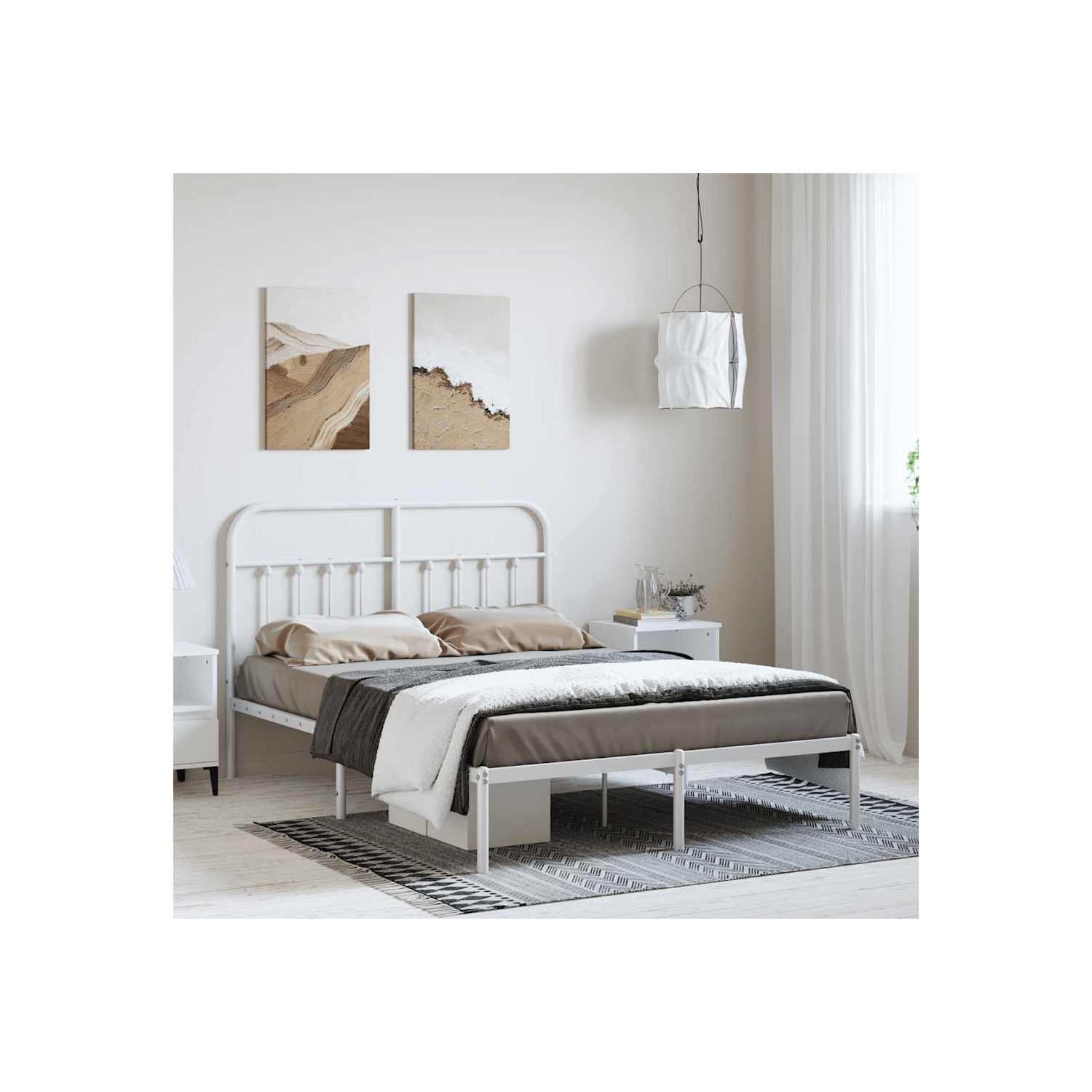vidaXL White Queen Metal Bed Frame with Headboard & Slats, No Mattress, Easy Assembly