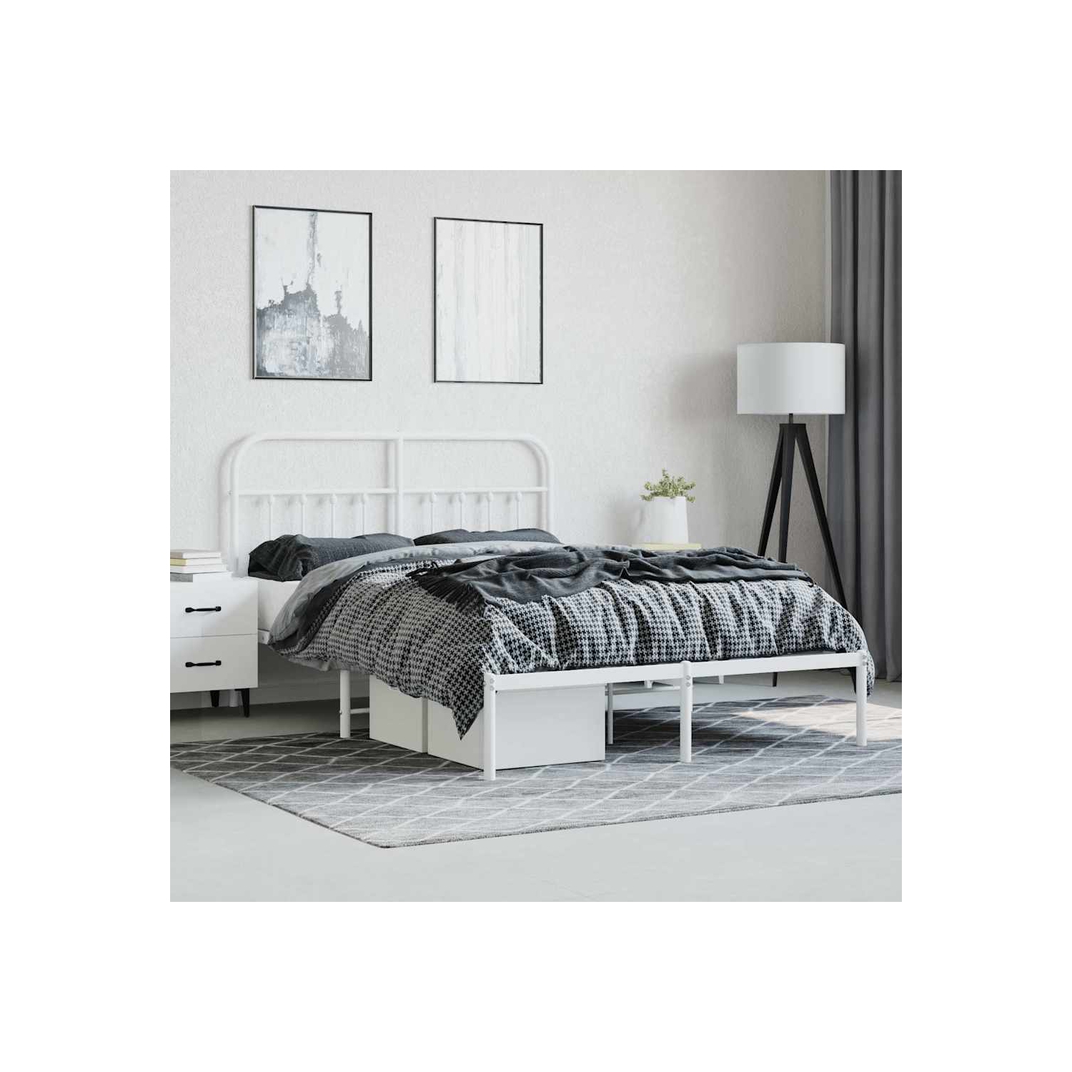 vidaXL White Queen Metal Bed Frame with Headboard & Slats, No Mattress, Easy Assembly