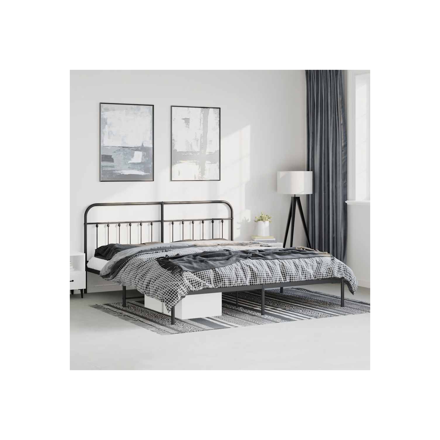 vidaXL Black King Metal Bed Frame with Headboard & Slats, No Mattress, Easy Assembly