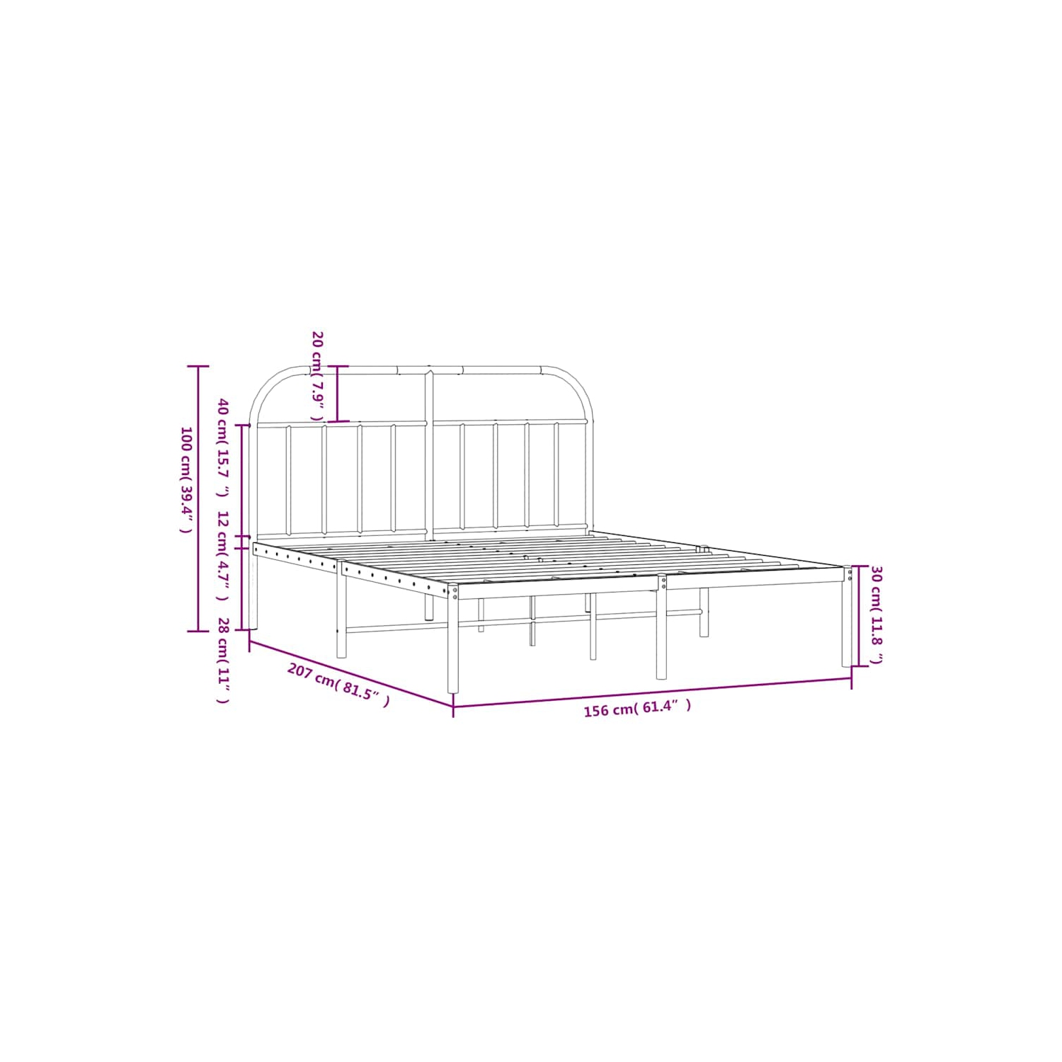 vidaXL 12" White Queen Metal Bed Frame with Headboard No Mattress