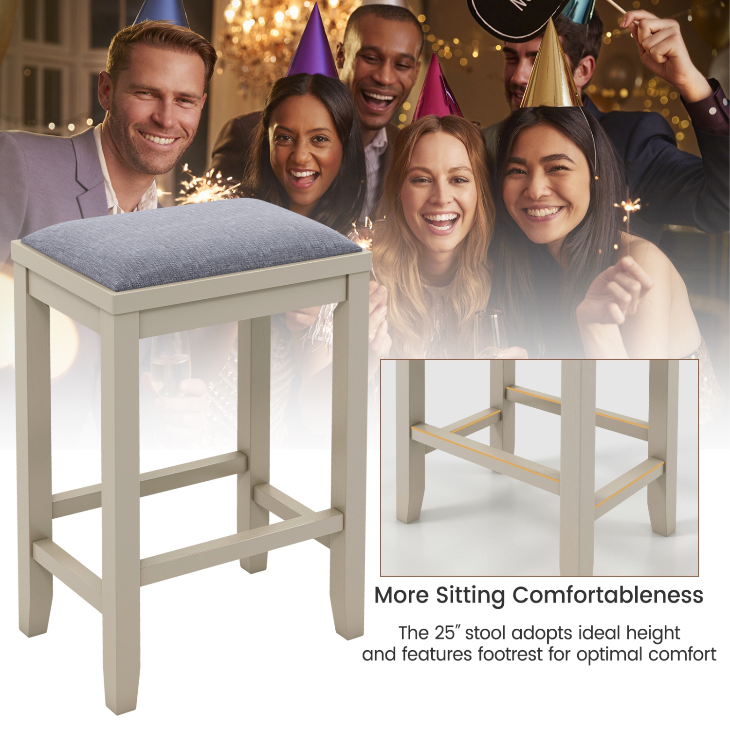 Gymax 4 PCS Upholstered Bar Stools Wooden Counter Height Chairs Dining