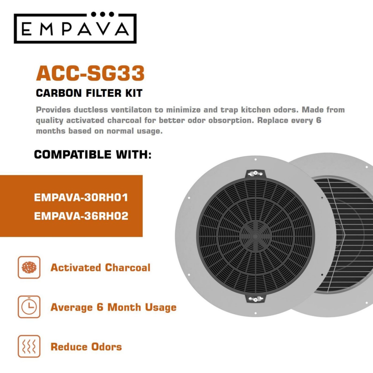 Empava 1 Set of 2 Charcoal Filters for Range Hood 30RH01, 36RH02(ACC-SG33)