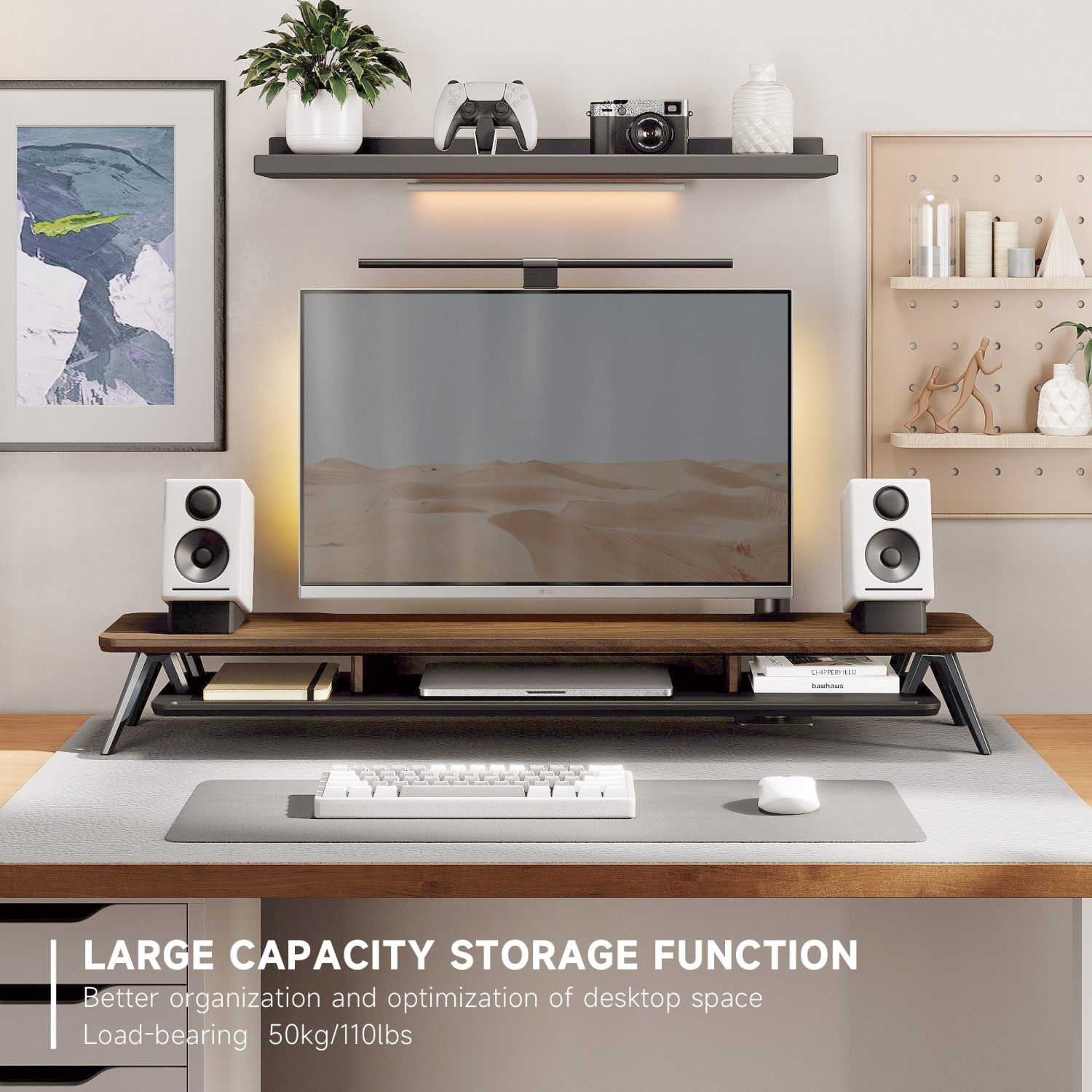 Fenge – Support pour deux moniteurs, support pour 2 moniteurs, tablette de bureau en bois de 42,5 po avec rangement et organisation des câbles pour