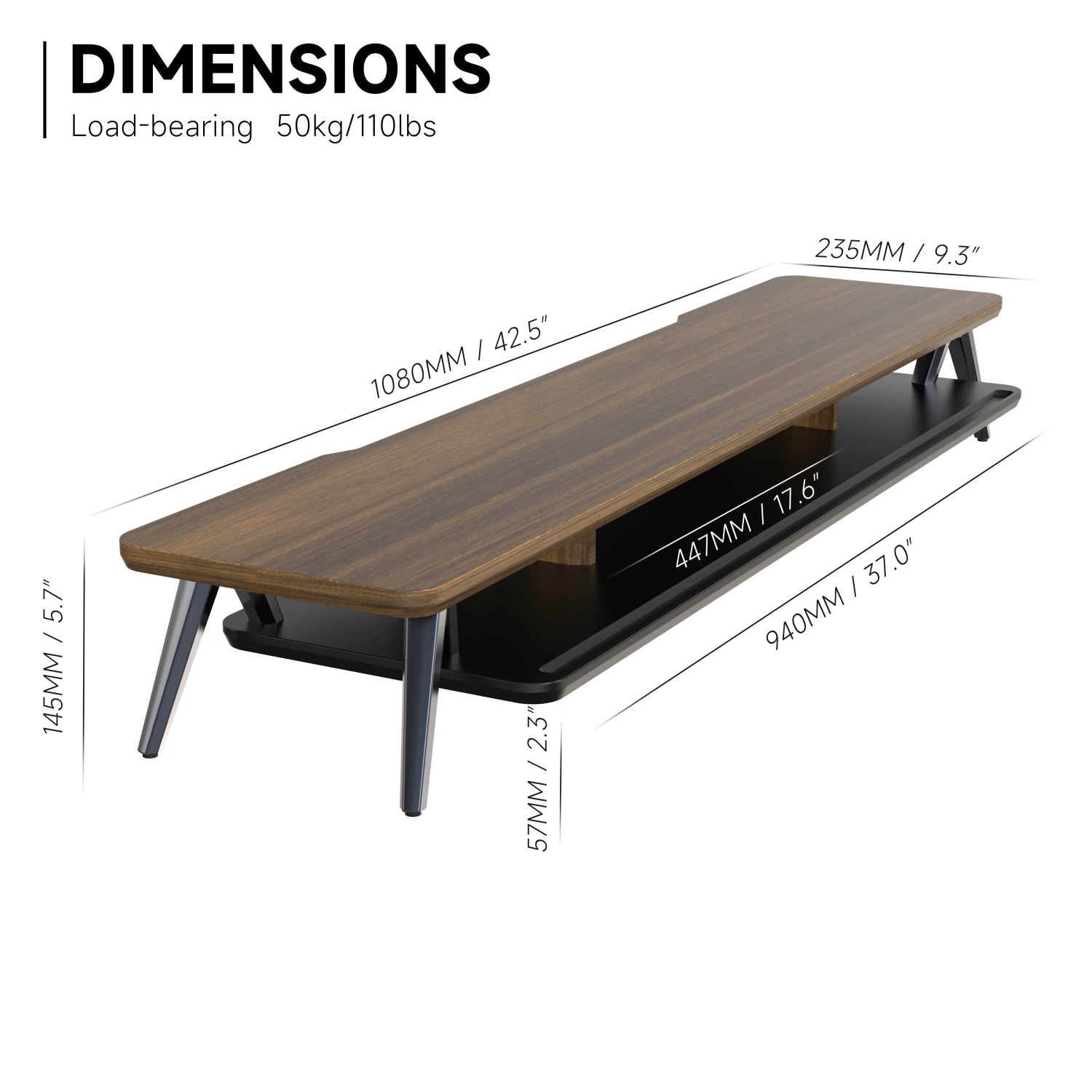 Fenge – Support pour deux moniteurs, support pour 2 moniteurs, tablette de bureau en bois de 42,5 po avec rangement et organisation des câbles pour