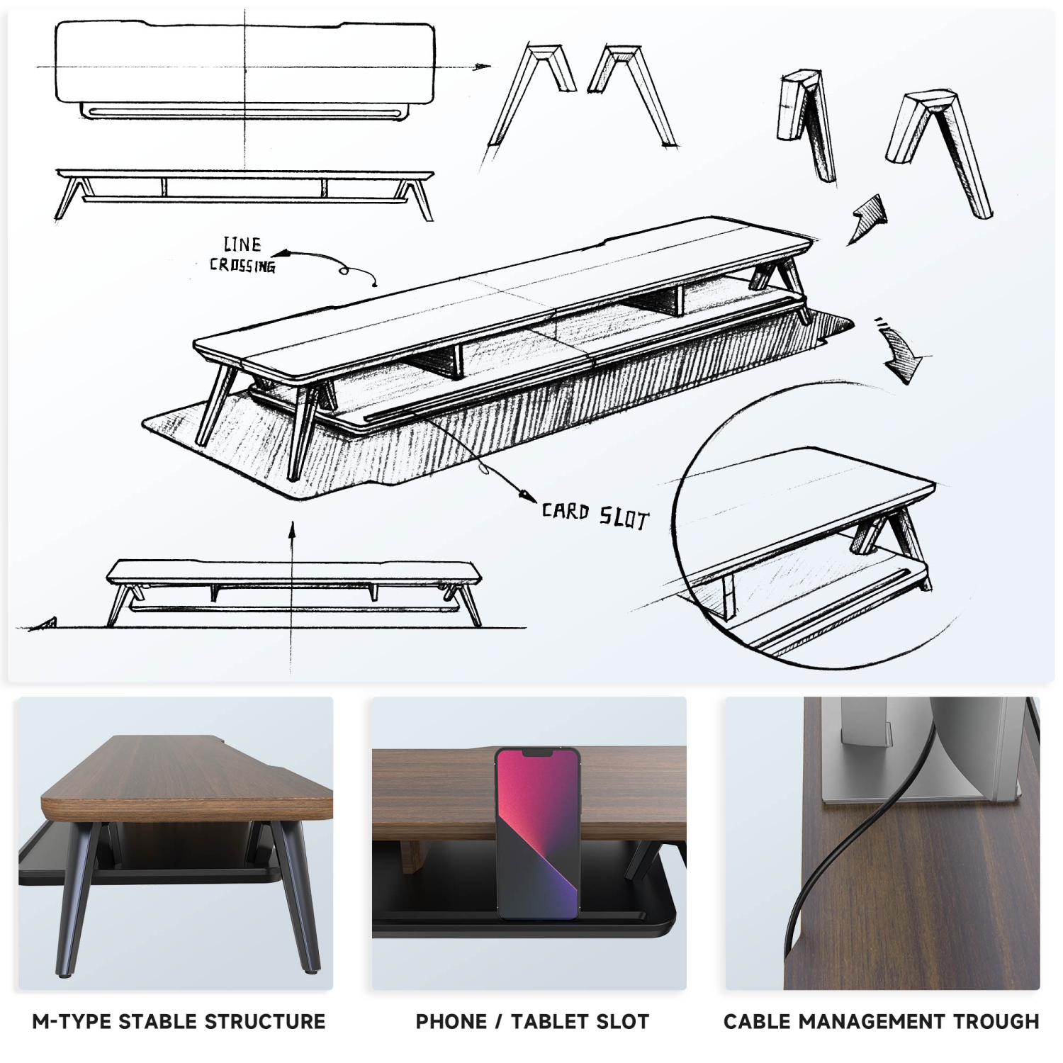 Fenge – Support pour deux moniteurs, support pour 2 moniteurs, tablette de bureau en bois de 42,5 po avec rangement et organisation des câbles pour