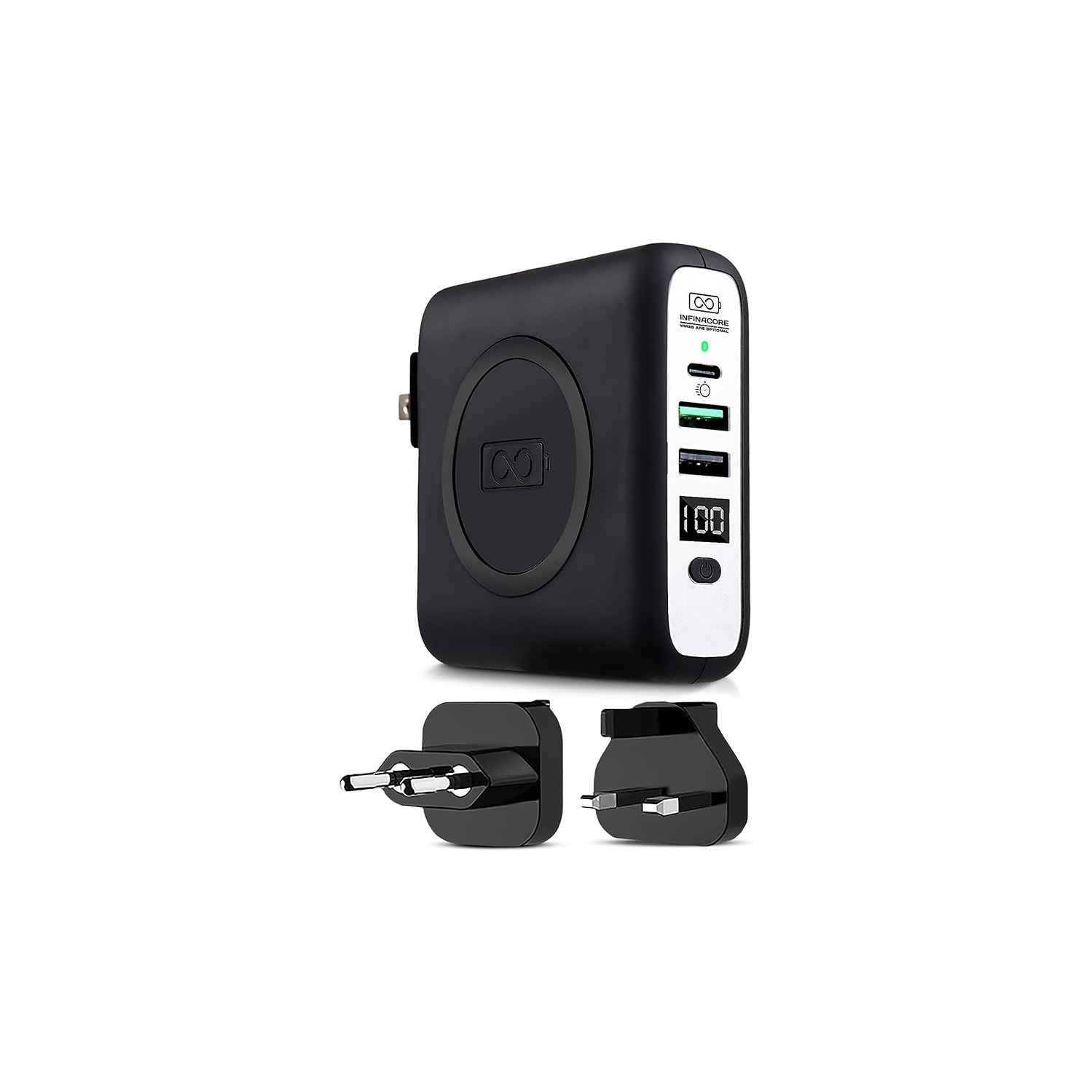 InfinaCore P3 Pandora Portable Power Bank iPhone & Android 3in1 8000mAh FastCharge Wireless Charger - Charger USB C & USB 2.0 Cables - W/Global