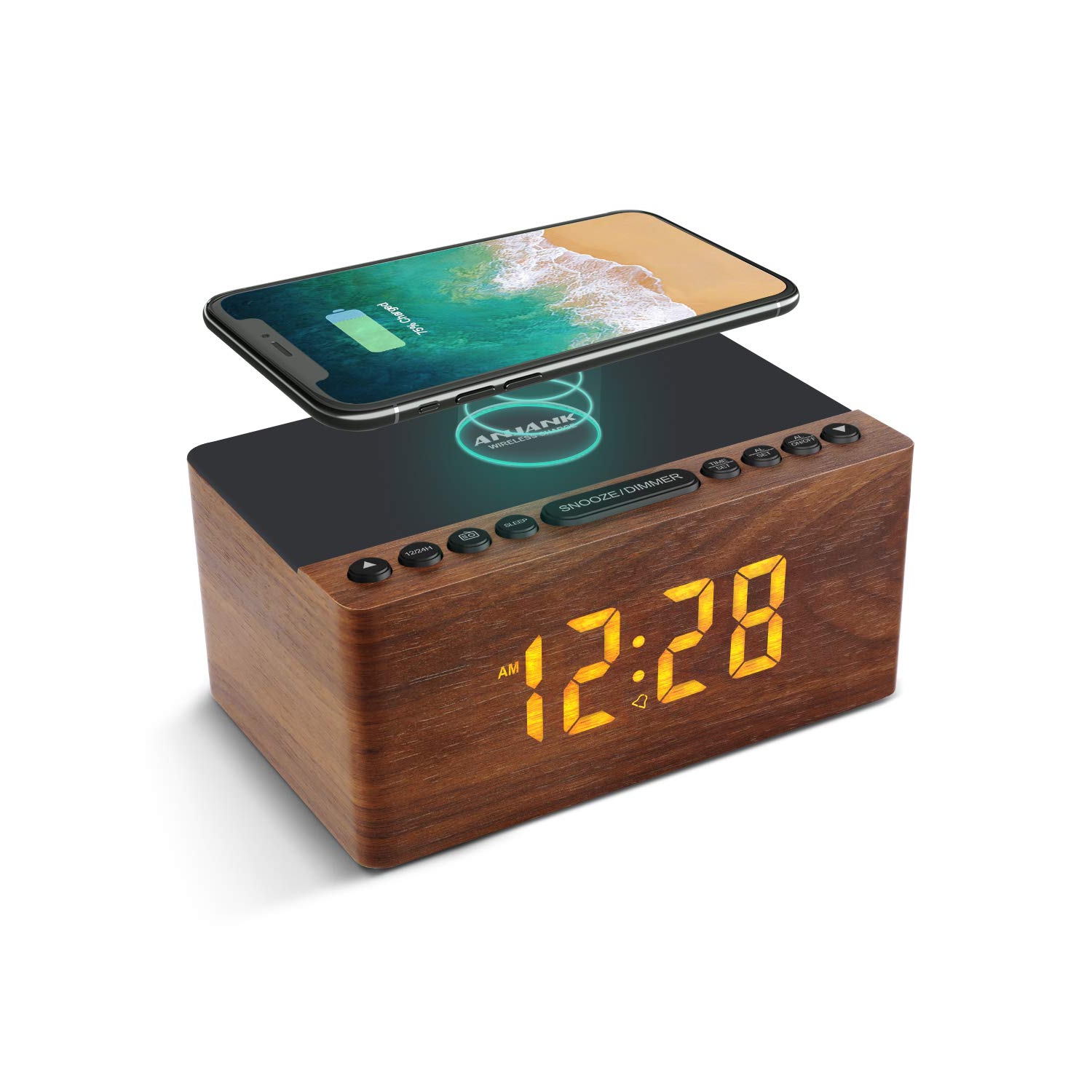 Radio-réveil FM numérique en bois, station de chargement sans fil rapide 10&nbsp;W pour iPhone/Galaxy de Samsung, gradateur à 5 niveaux, port de