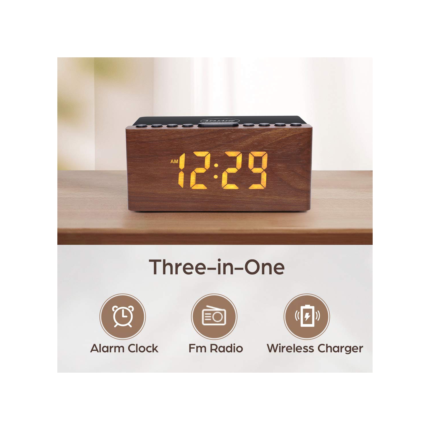 Radio-réveil FM numérique en bois, station de chargement sans fil rapide 10&nbsp;W pour iPhone/Galaxy de Samsung, gradateur à 5 niveaux, port de