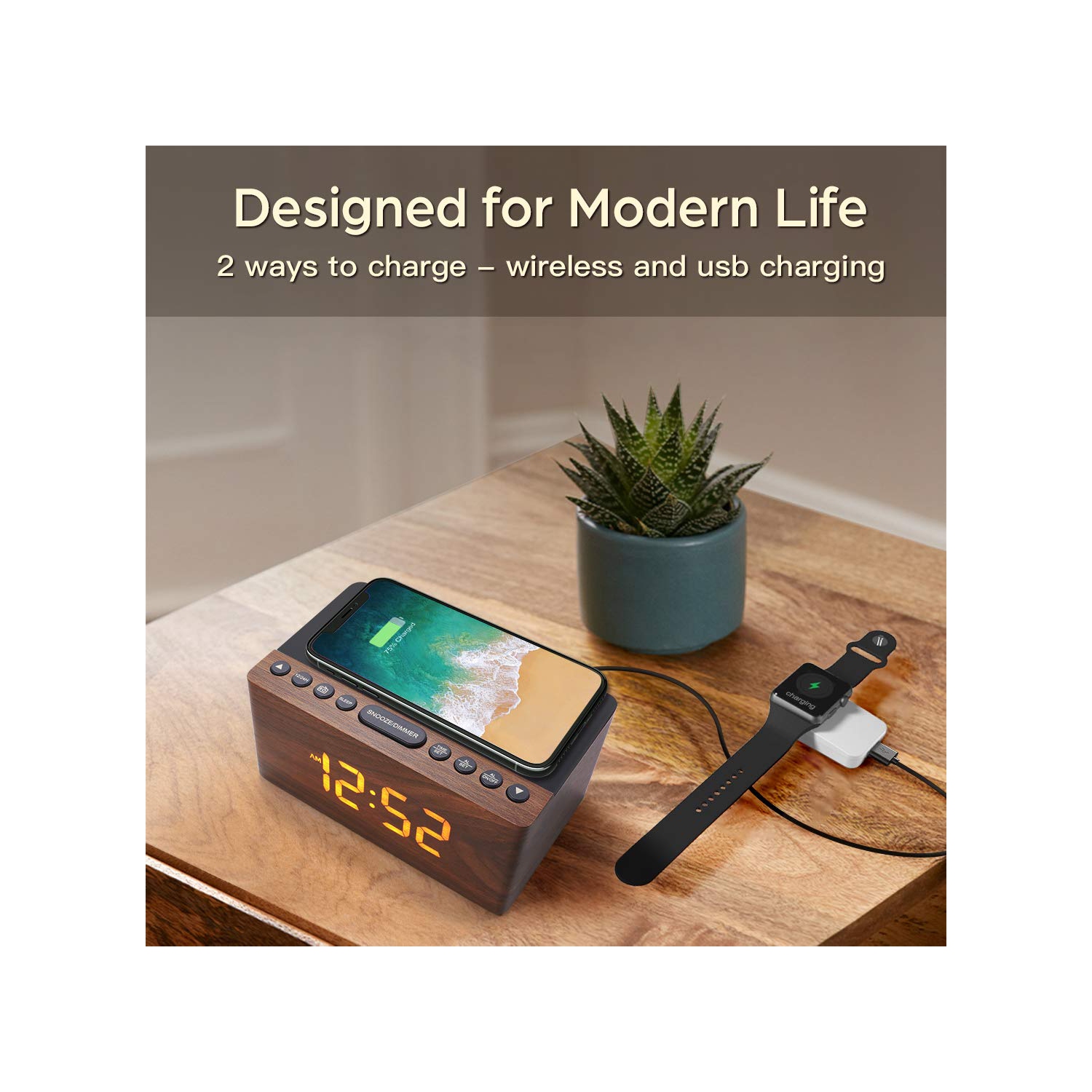 Radio-réveil FM numérique en bois, station de chargement sans fil rapide 10&nbsp;W pour iPhone/Galaxy de Samsung, gradateur à 5 niveaux, port de