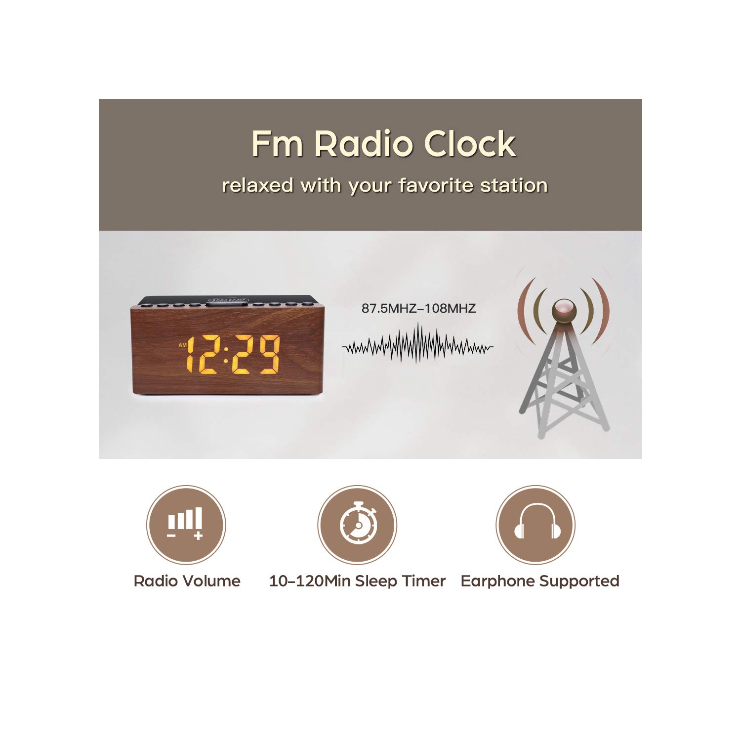Radio-réveil FM numérique en bois, station de chargement sans fil rapide 10&nbsp;W pour iPhone/Galaxy de Samsung, gradateur à 5 niveaux, port de