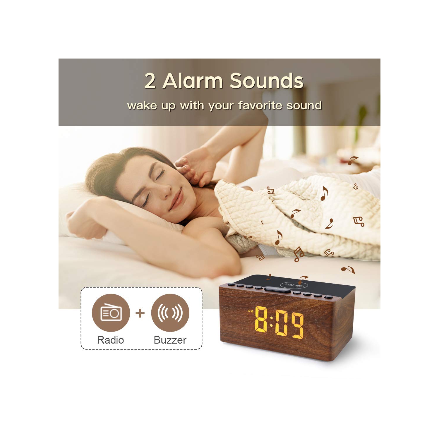 Radio-réveil FM numérique en bois, station de chargement sans fil rapide 10&nbsp;W pour iPhone/Galaxy de Samsung, gradateur à 5 niveaux, port de