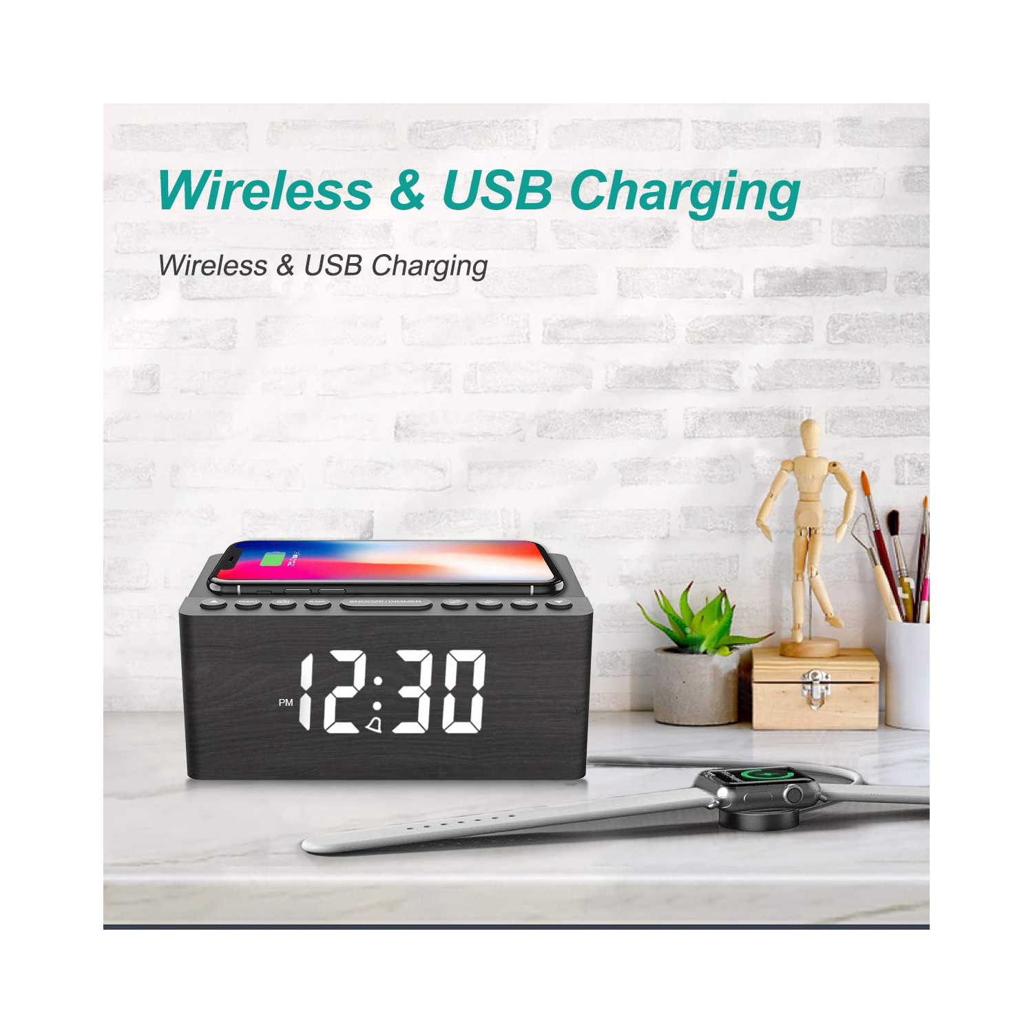 Radio-réveil FM numérique en bois, station de chargement sans fil rapide 10&nbsp;W pour iPhone/Galaxy de Samsung, gradateur à 5 niveaux, port de