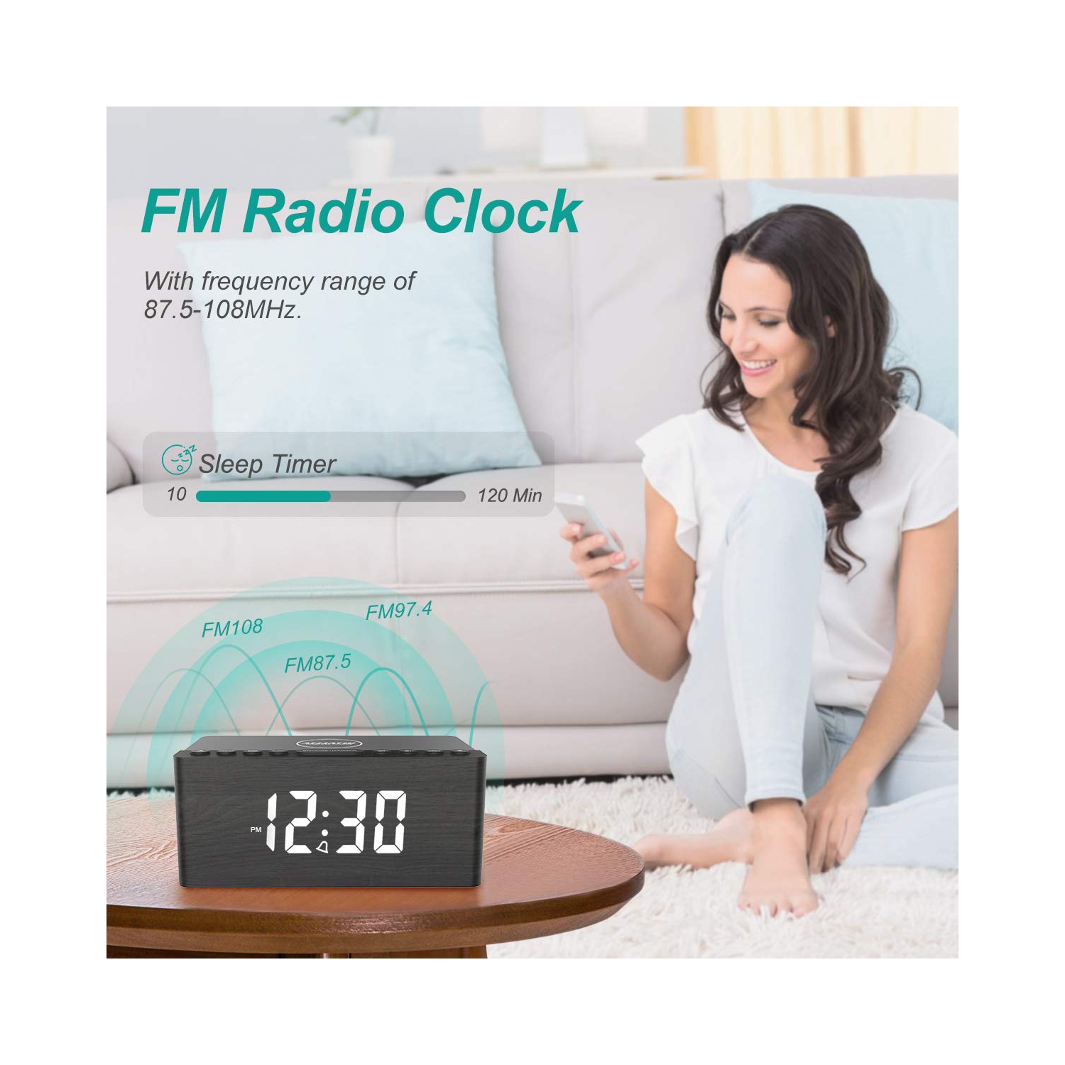 Radio-réveil FM numérique en bois, station de chargement sans fil rapide 10&nbsp;W pour iPhone/Galaxy de Samsung, gradateur à 5 niveaux, port de