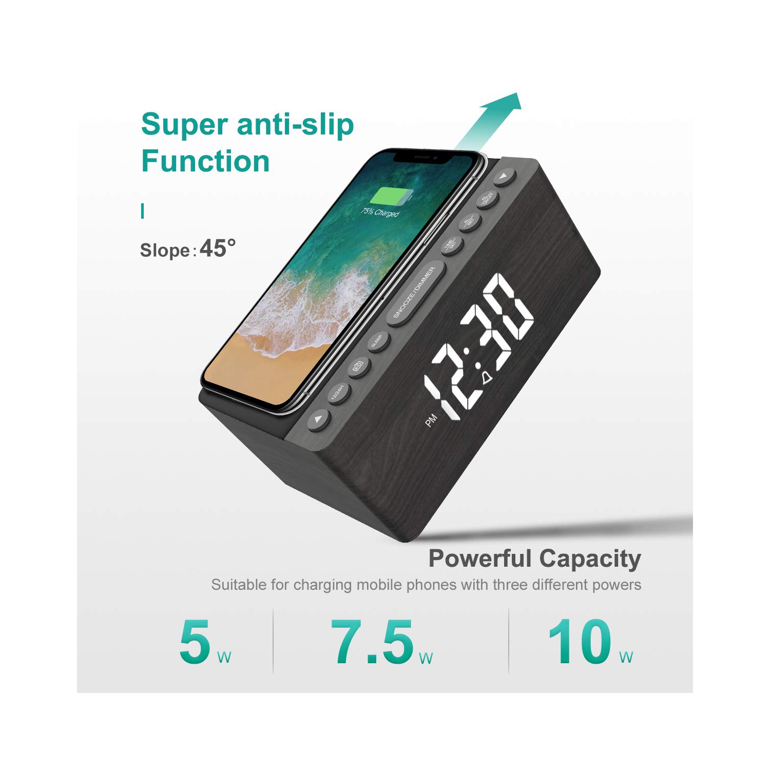 Radio-réveil FM numérique en bois, station de chargement sans fil rapide 10&nbsp;W pour iPhone/Galaxy de Samsung, gradateur à 5 niveaux, port de