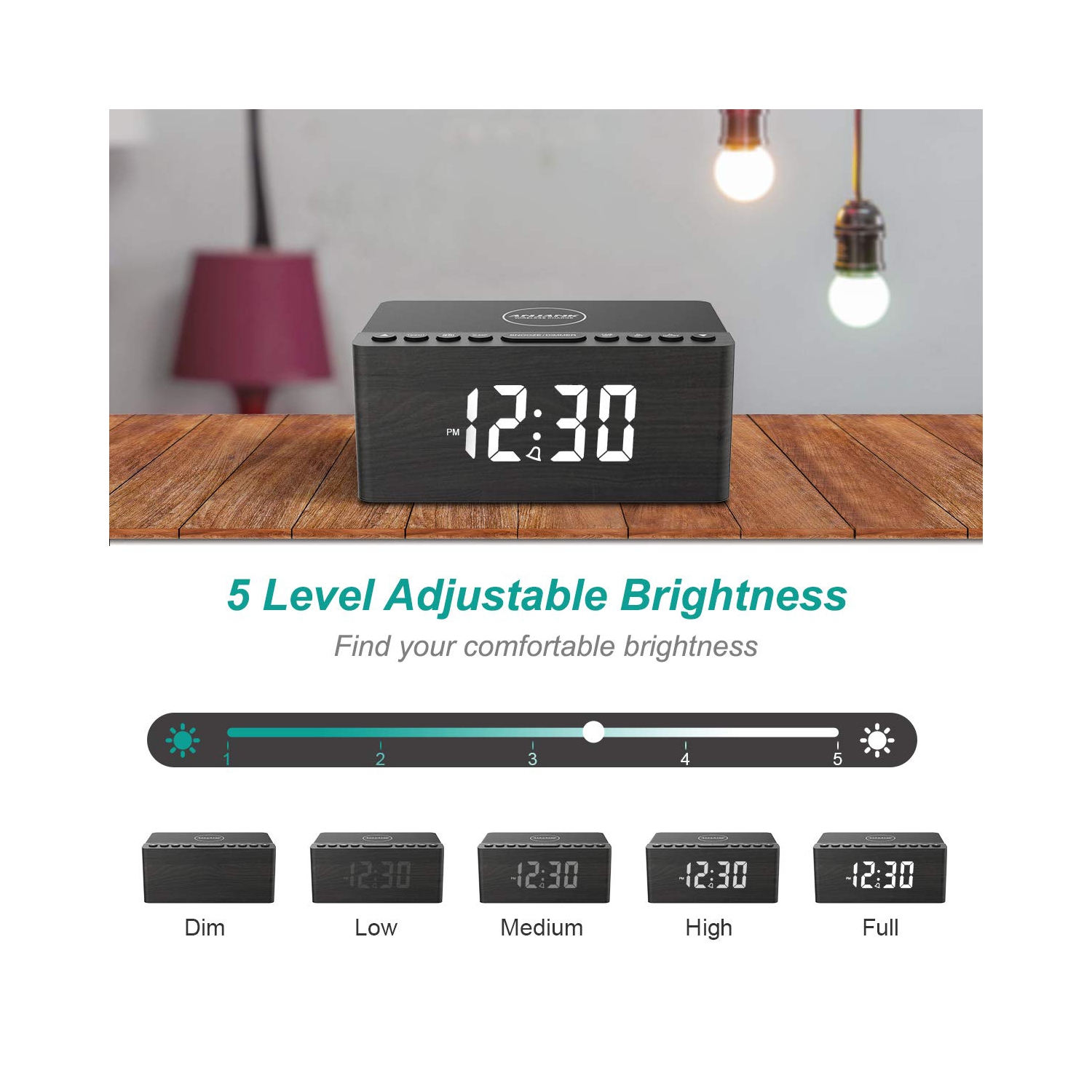 Radio-réveil FM numérique en bois, station de chargement sans fil rapide 10&nbsp;W pour iPhone/Galaxy de Samsung, gradateur à 5 niveaux, port de