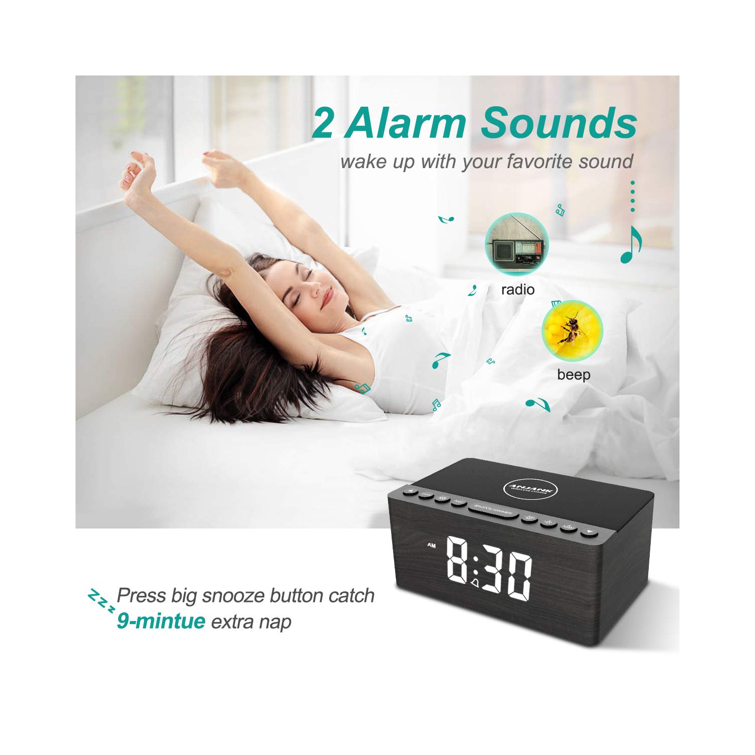 Radio-réveil FM numérique en bois, station de chargement sans fil rapide 10&nbsp;W pour iPhone/Galaxy de Samsung, gradateur à 5 niveaux, port de