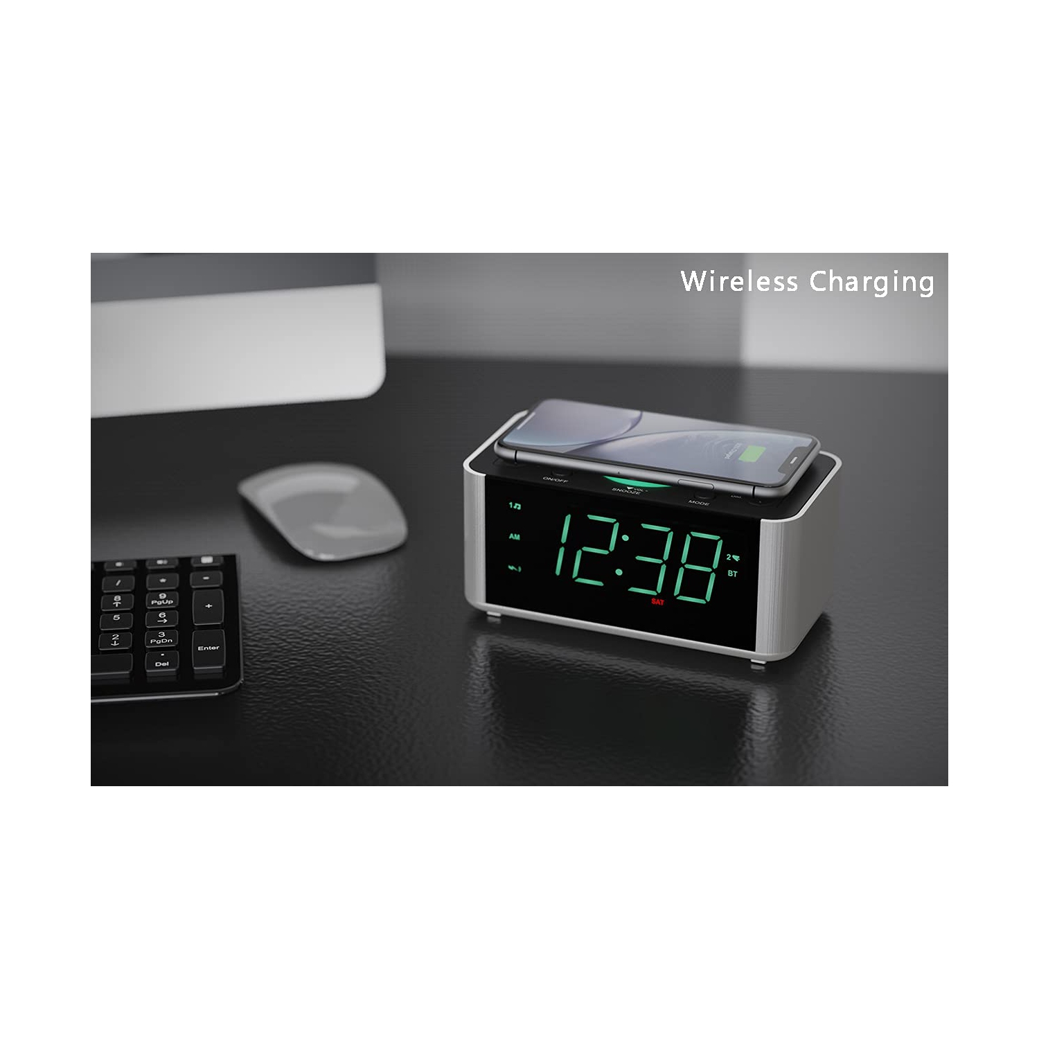 Radio-réveil, recharge sans fil 10&nbsp;W, rappel d'alarme, double alarme Bluetooth, affichage DEL gradateur, horloge de non-récupération pour chevet