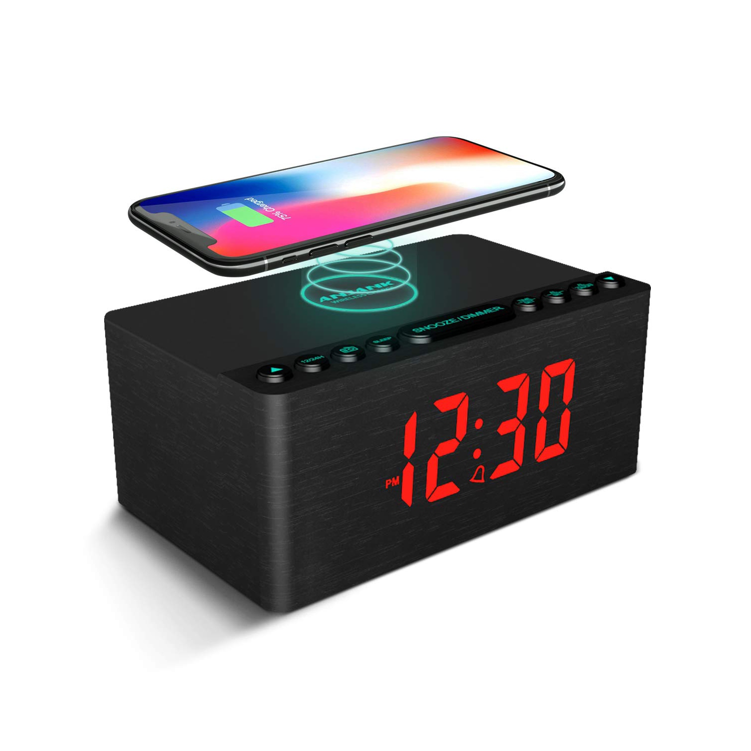 Wooden Digital Alarm Clock FM Radio,Fast Wireless Charger Station for iPhone/Samsung,Dimmable LED Display,USB Charging Port,Sleep Timer,Wood Modern
