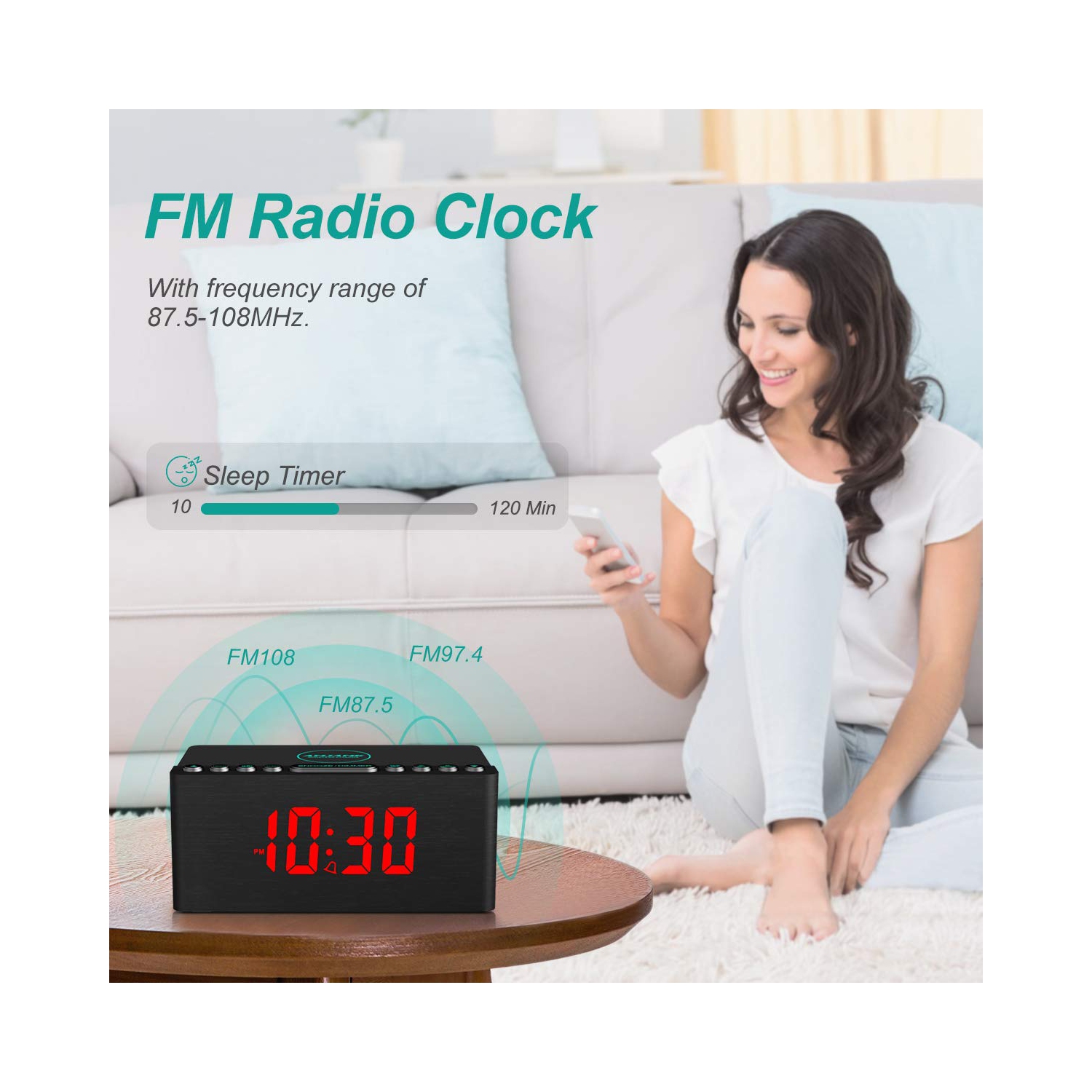 Wooden Digital Alarm Clock FM Radio,Fast Wireless Charger Station for iPhone/Samsung,Dimmable LED Display,USB Charging Port,Sleep Timer,Wood Modern