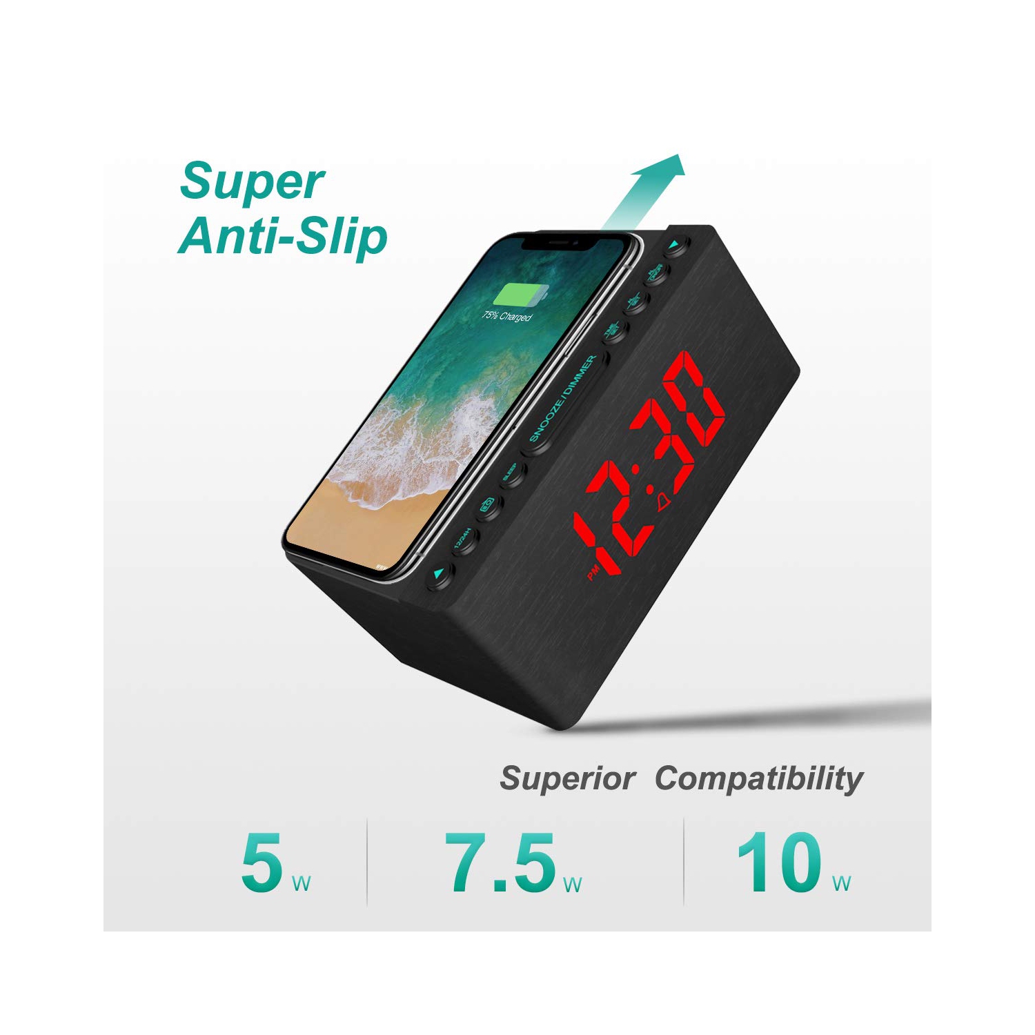 Wooden Digital Alarm Clock FM Radio,Fast Wireless Charger Station for iPhone/Samsung,Dimmable LED Display,USB Charging Port,Sleep Timer,Wood Modern