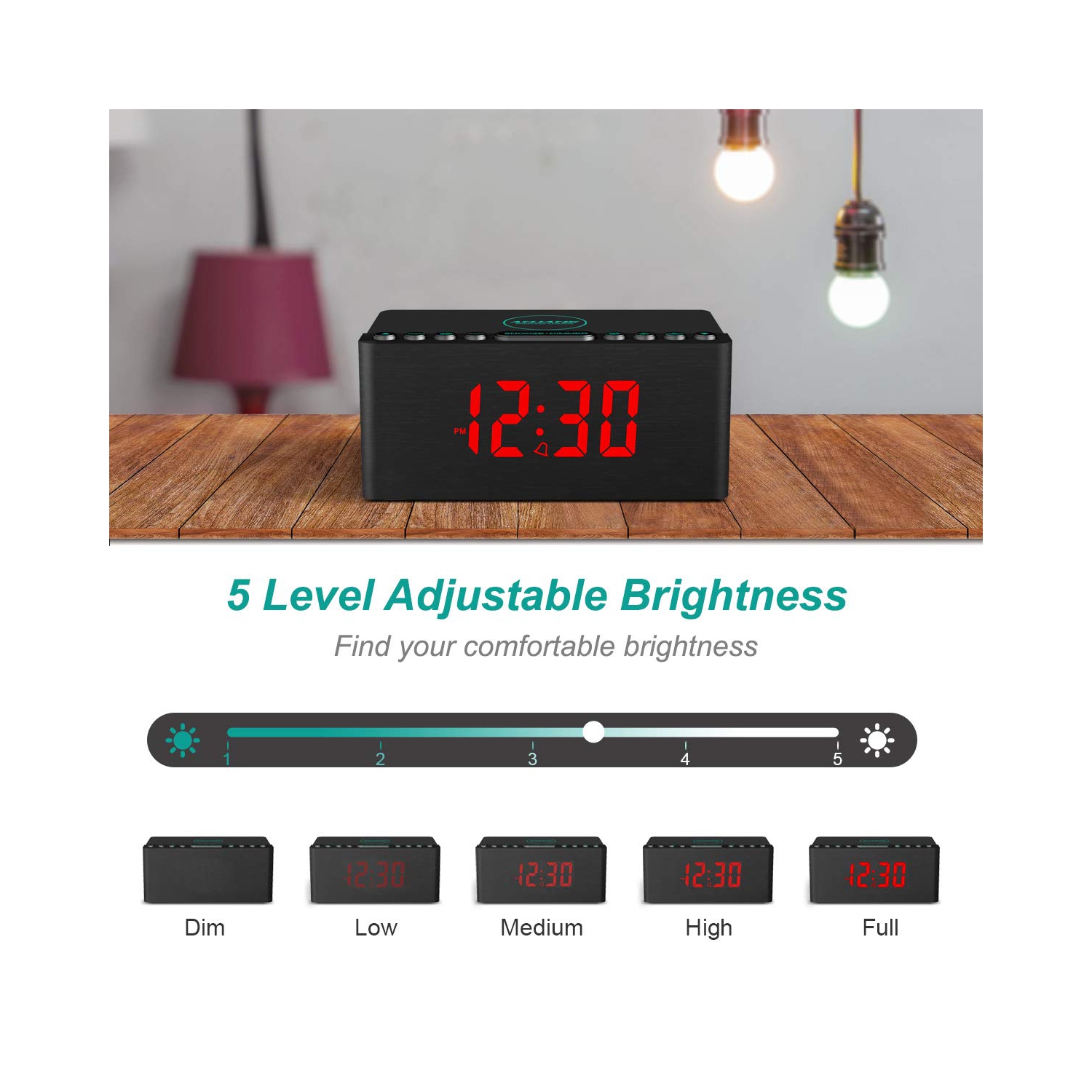 Wooden Digital Alarm Clock FM Radio,Fast Wireless Charger Station for iPhone/Samsung,Dimmable LED Display,USB Charging Port,Sleep Timer,Wood Modern
