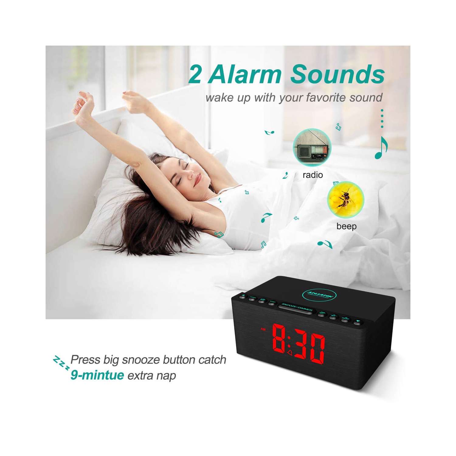 Wooden Digital Alarm Clock FM Radio,Fast Wireless Charger Station for iPhone/Samsung,Dimmable LED Display,USB Charging Port,Sleep Timer,Wood Modern