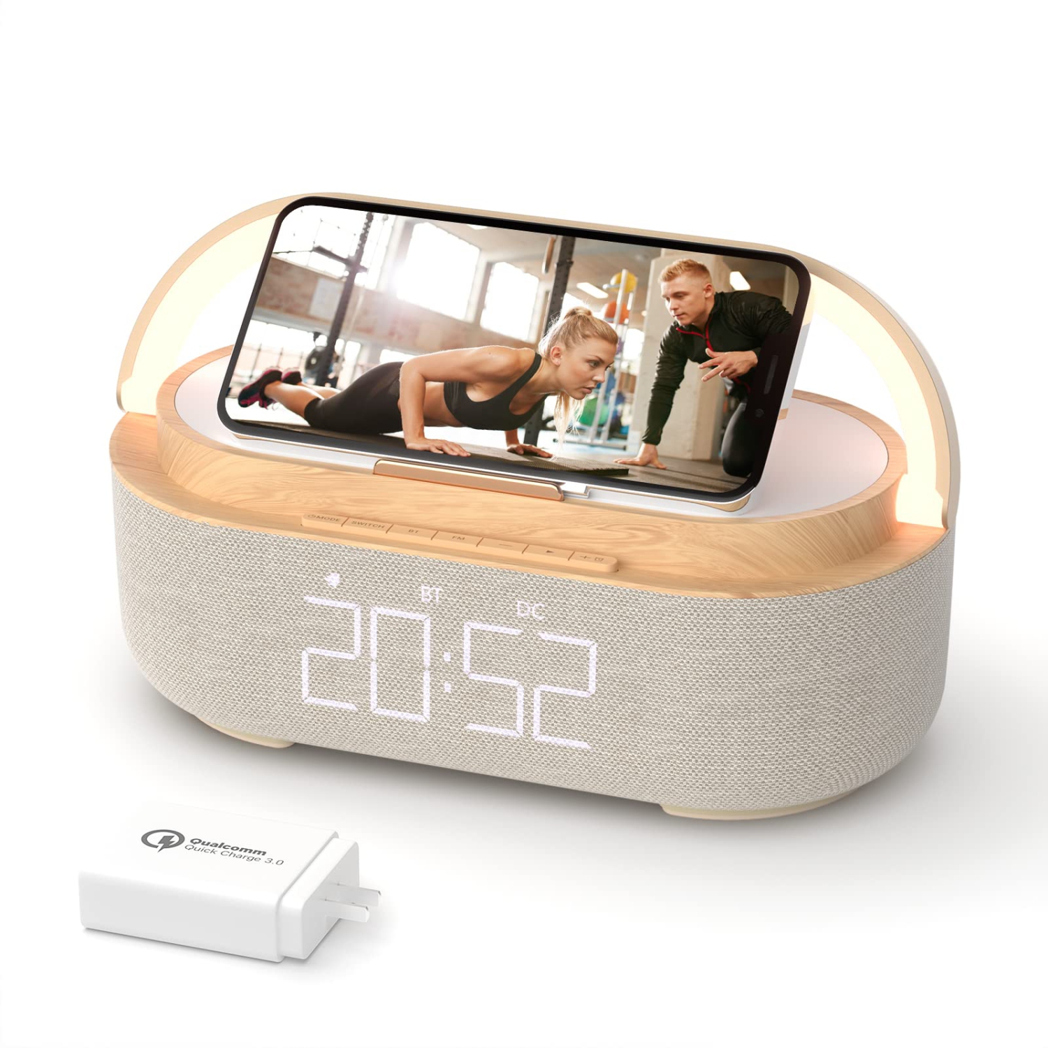 Bluetooth Speaker with Digital Alarm Clock, Wireless Charger, FM Clock Radio, Adjustable LED Night Light, Dual Wireless Speakers,2500mAh Battery for Bedroom,Home, Adaptor