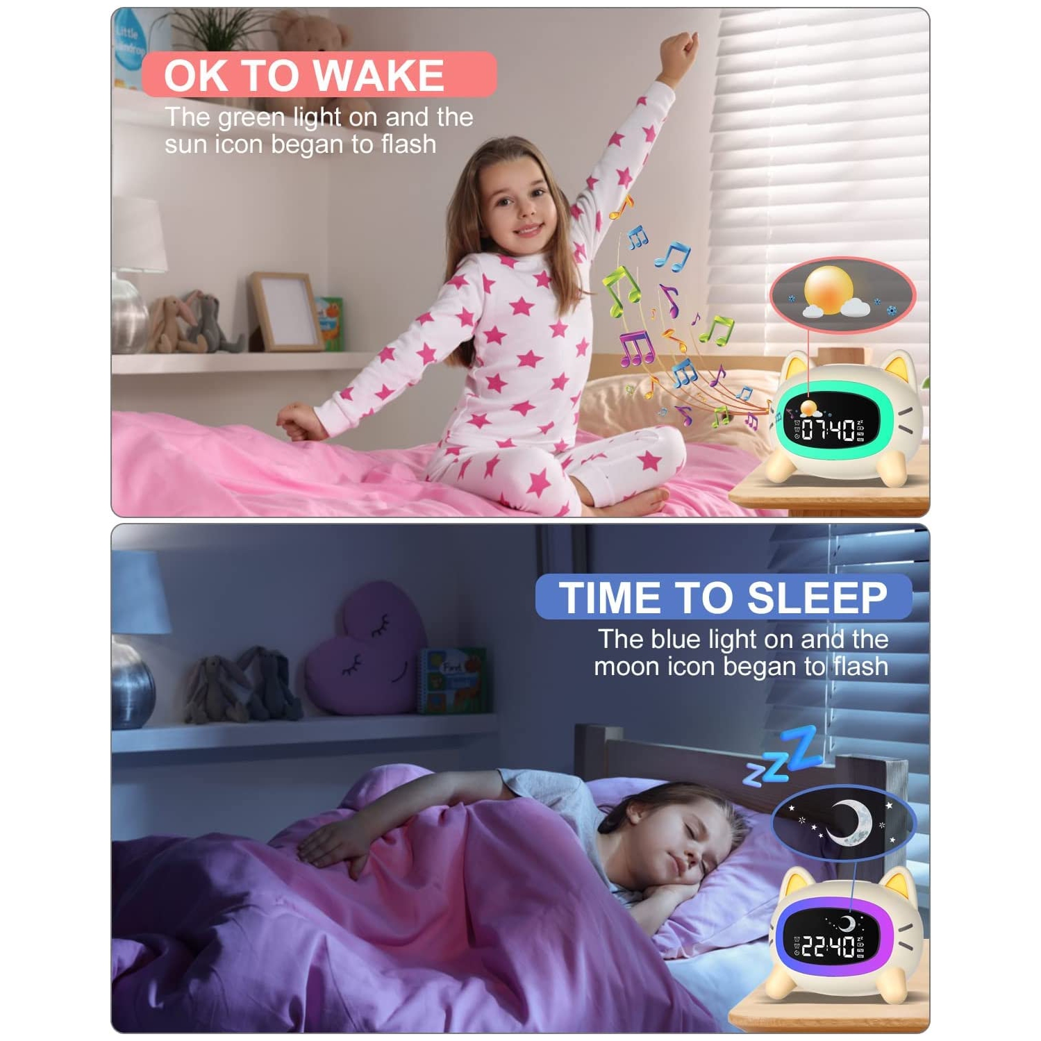 Réveille-matin pour enfants d'Uplayteck réveille-matin avec 5 lumière ajustable et 4 sons pour tout-petits pour les chambres d'garçons et de filles