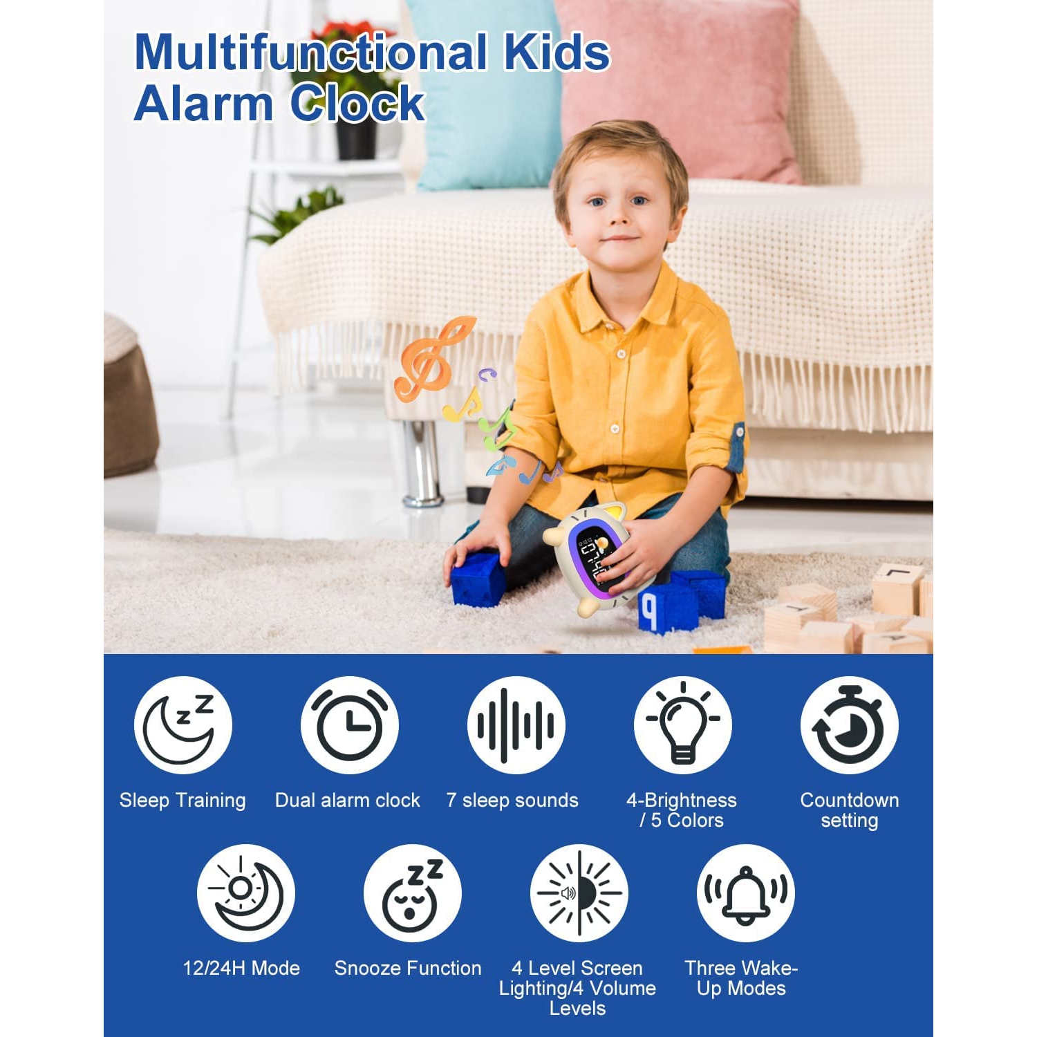 Réveille-matin pour enfants d'Uplayteck réveille-matin avec 5 lumière ajustable et 4 sons pour tout-petits pour les chambres d'garçons et de filles