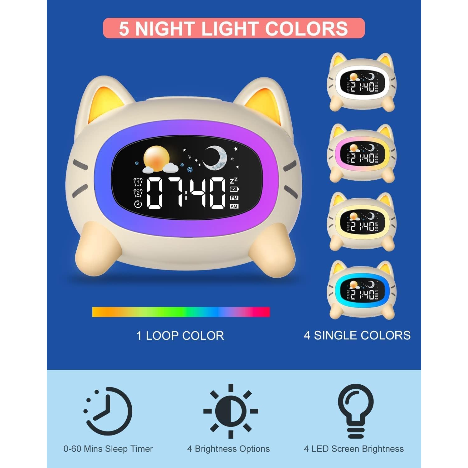 Kids Alarm Clock Rechargeable, Children Sleep Trainer with Sun&Moon Rise - Wake-Up Light & Night Light 4 Levels Adjustable Brightness, 7 Sleep Sounds