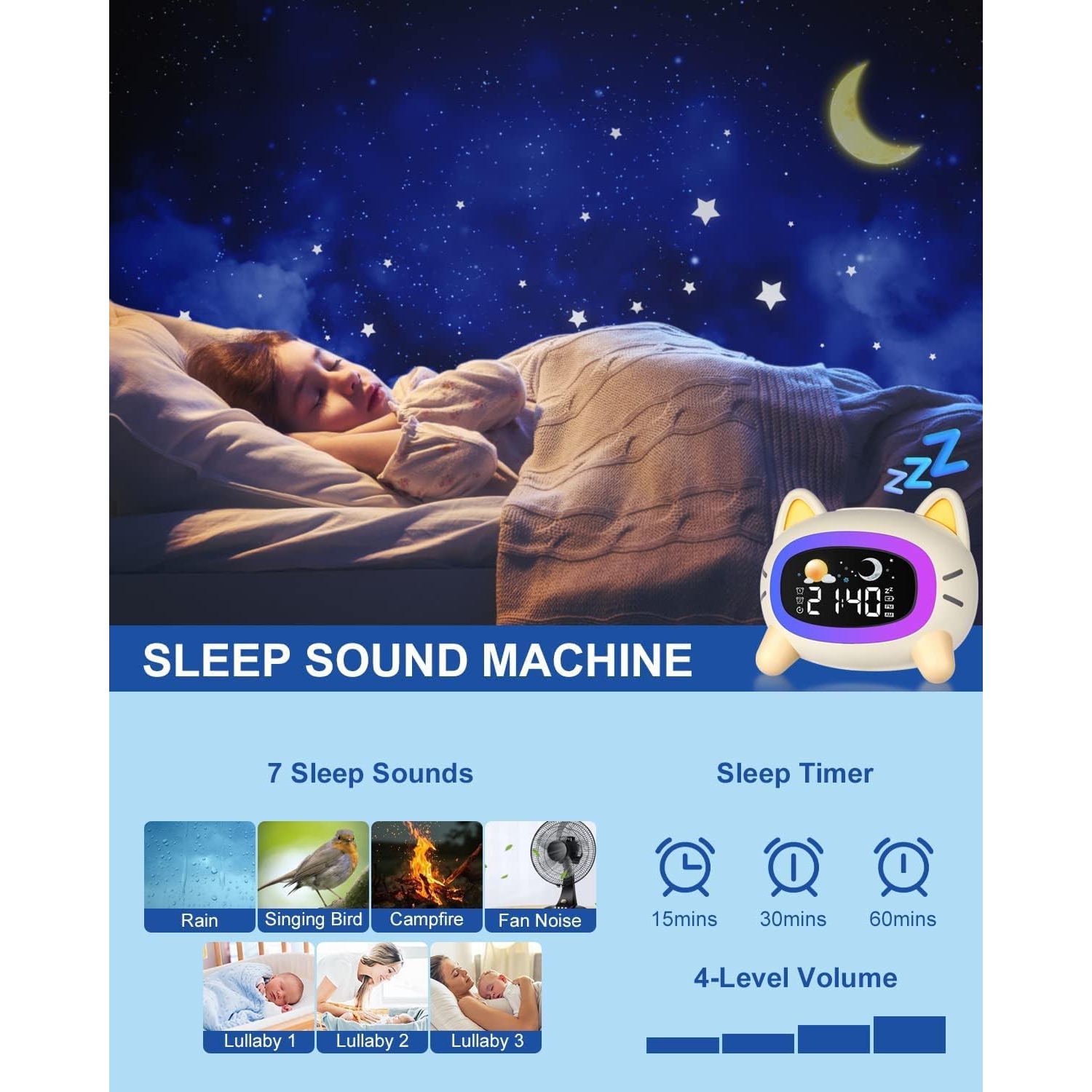 Kids Alarm Clock Rechargeable, Children Sleep Trainer with Sun&Moon Rise - Wake-Up Light & Night Light 4 Levels Adjustable Brightness, 7 Sleep Sounds