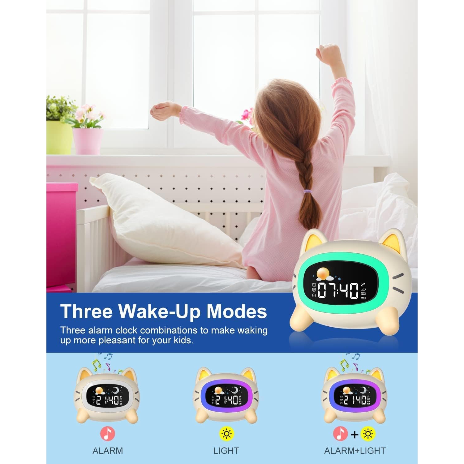Kids Alarm Clock Rechargeable, Children Sleep Trainer with Sun&Moon Rise - Wake-Up Light & Night Light 4 Levels Adjustable Brightness, 7 Sleep Sounds