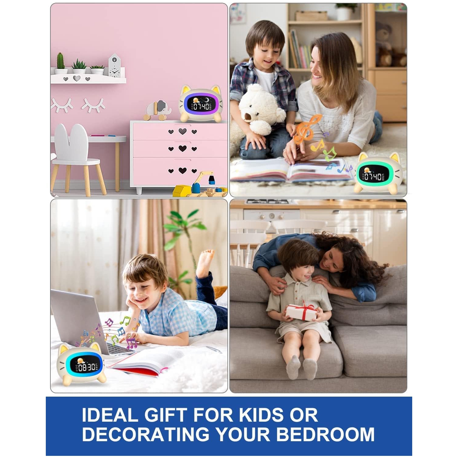 Kids Alarm Clock Rechargeable, Children Sleep Trainer with Sun&Moon Rise - Wake-Up Light & Night Light 4 Levels Adjustable Brightness, 7 Sleep Sounds