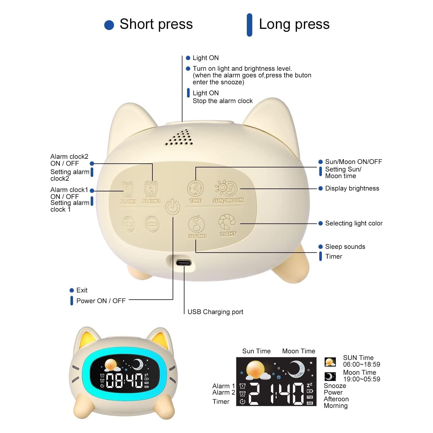 Kids Alarm Clock Rechargeable, Children Sleep Trainer with Sun&Moon Rise - Wake-Up Light & Night Light 4 Levels Adjustable Brightness, 7 Sleep Sounds