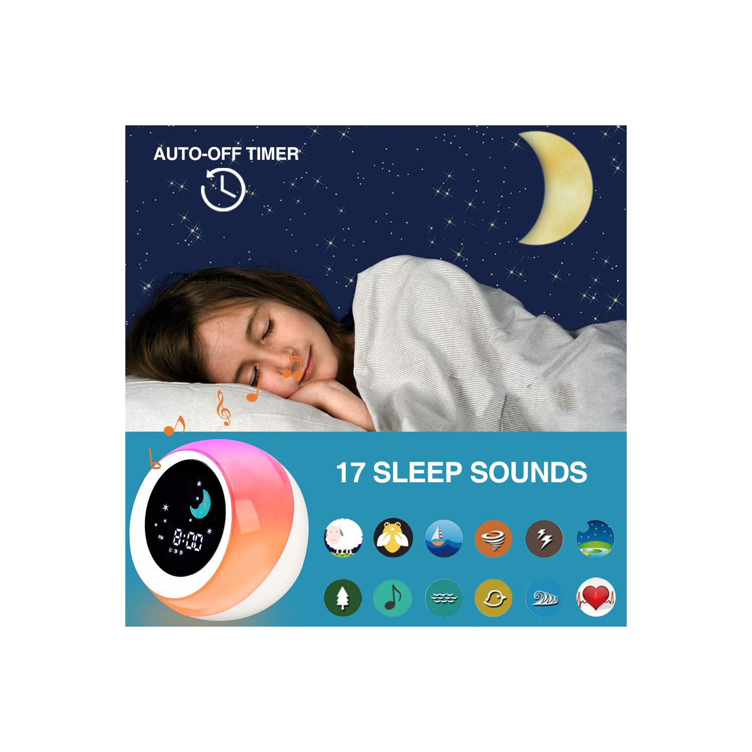 Réveille-matin pour enfants soleil et Lune Rise, entraîneur de sommeil pour enfants, appareil sonore pour le sommeil, lampe de réveil et veilleuse,