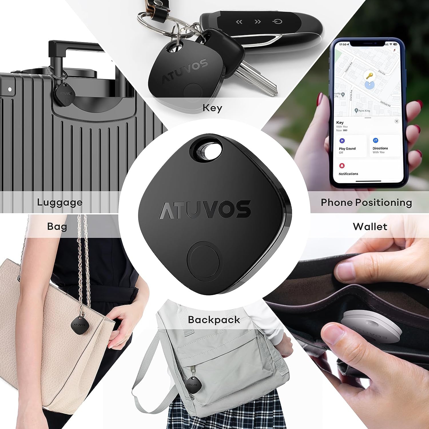 ATUVOS Smart Luggage Tracker Tag and Key Finder 2 Pack, Works with Apple Find My, Bluetooth Item Locator for Car Keys, Bags, Wallets, Suitcase, Re